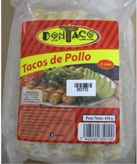 Empaque de tacos de pollo Don Taco.