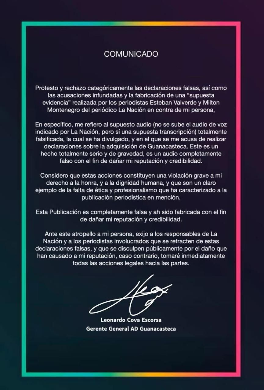 Este es el comunicado que difundió Leonardo Cova, quien dice ser gerente de Guanacasteca, en sus redes sociales.