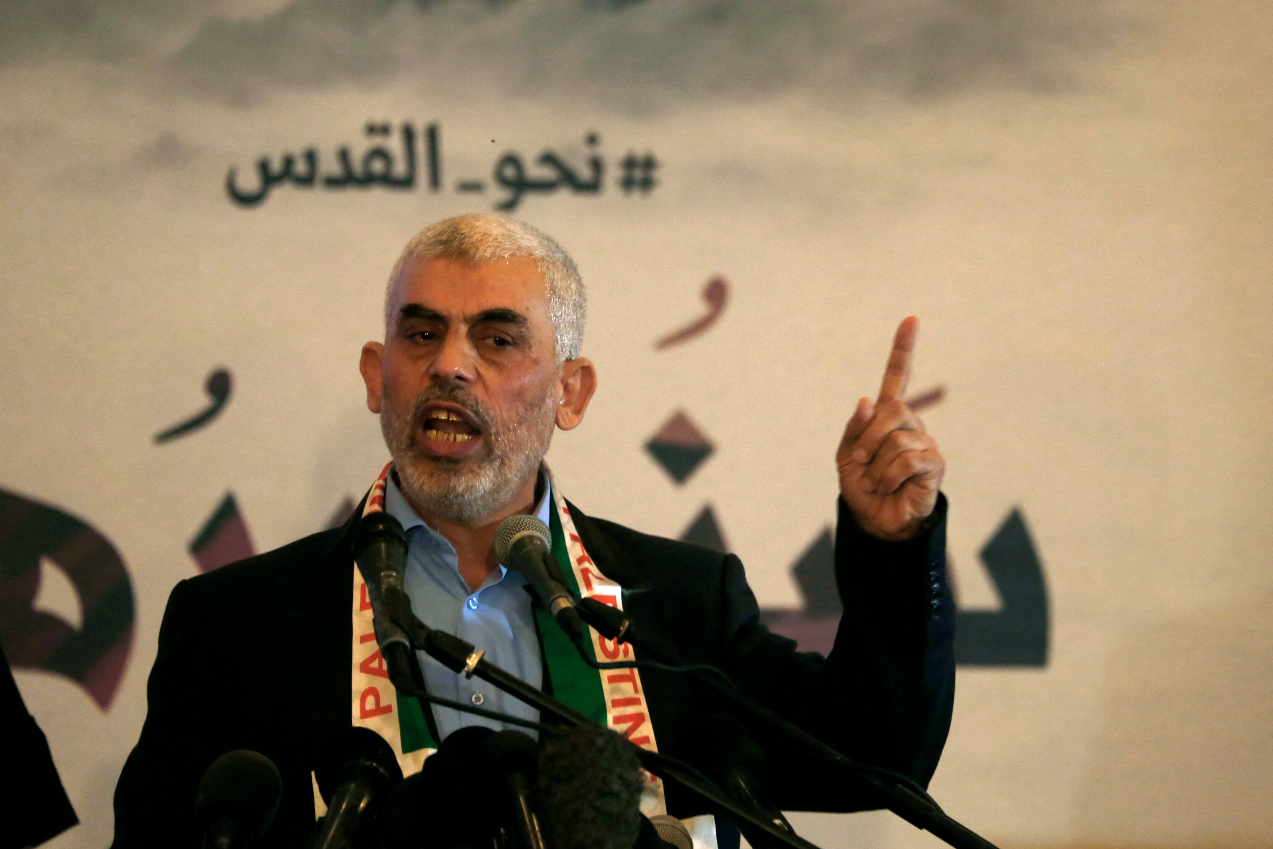 Yahya Sinwar, líder de Hamás en Gaza, durante una conferencia de prensa por el día de Al-Quds en 2019. Foto: MOHAMMED ABED / AFP