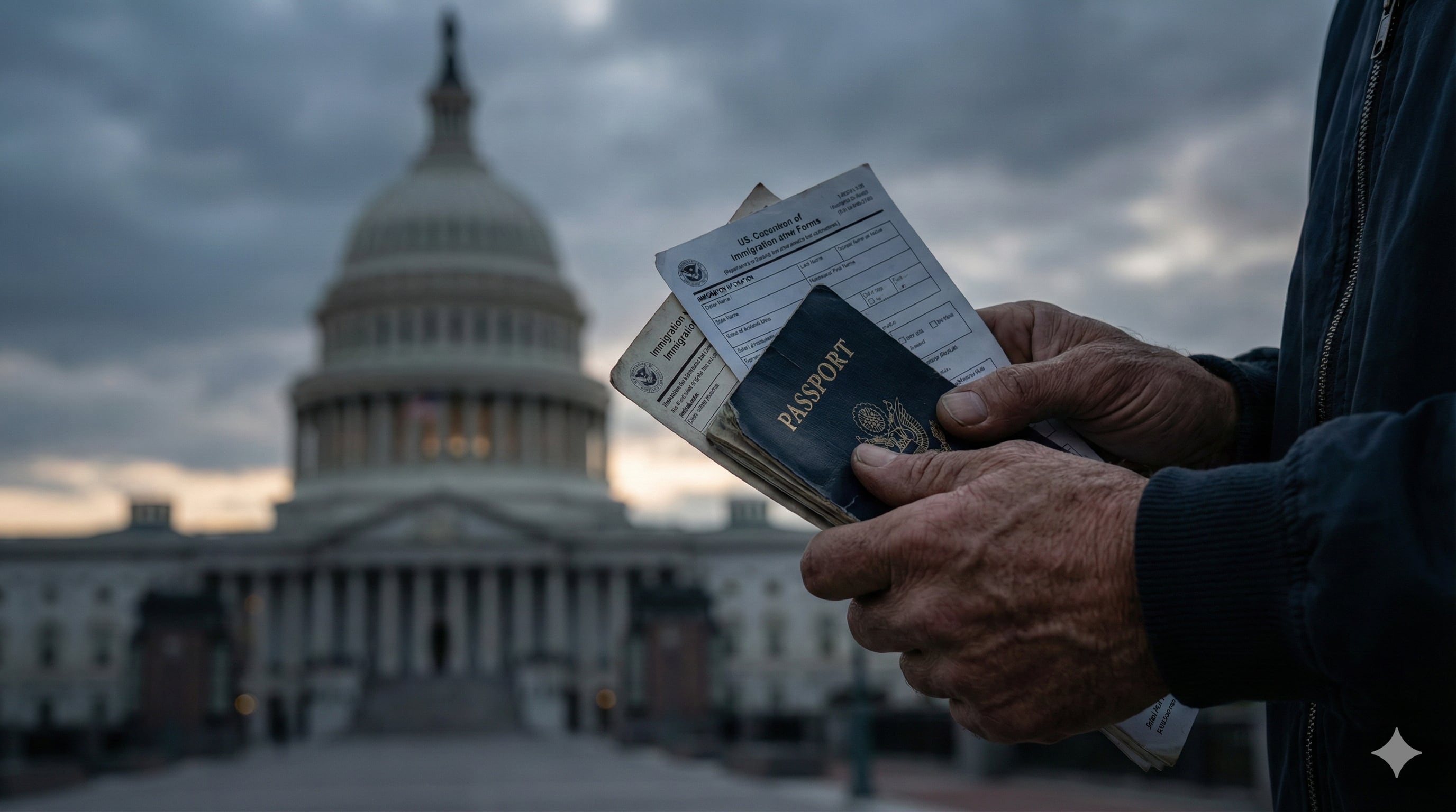 Manos de migrante sosteniendo pasaporte y documentos de solicitud de visa frente al Capitolio de Estados Unidos, concepto de suspensión de Green Cards y ciudadanía por administración Trump.