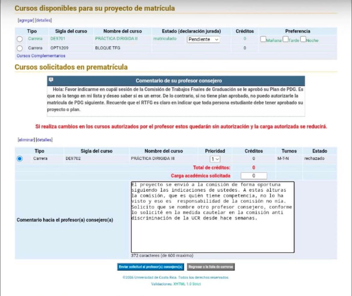 Rechazo de la matrícula por parte de Chacón Mata.