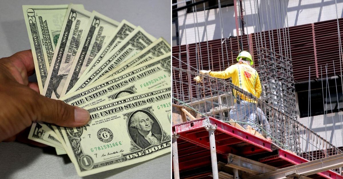 Collage con dos imágenes: a la izquierda, una mano sostiene varios billetes de dólares estadounidenses; a la derecha, un obrero con casco y equipo de seguridad trabaja en la construcción de un edificio. La imagen ilustra el impacto económico y la caída en la recaudación fiscal en Costa Rica en 2024.