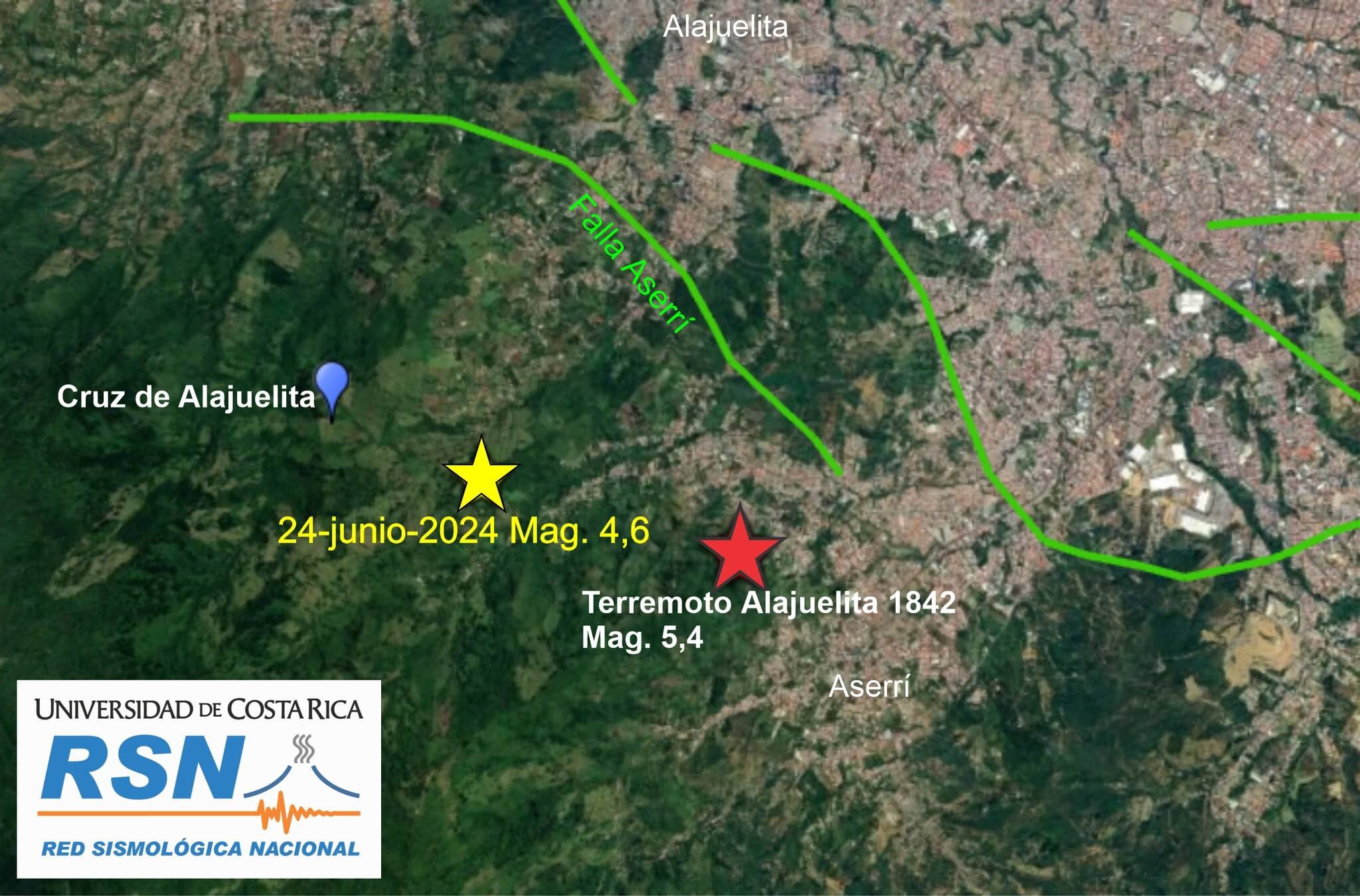 La estrella amarilla muestra el punto del epicentro del sismo moderado de este 24 de junio, la roja es del punto donde se originó el terremoto más cercano a San José en 1842. Imagen: RSN.