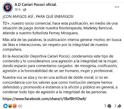 Este es el mensaje que publicó Cariari Pococí para denunciar lo que consideraron una publicación sexista de TD Más contra su profesional en fisioterapia.