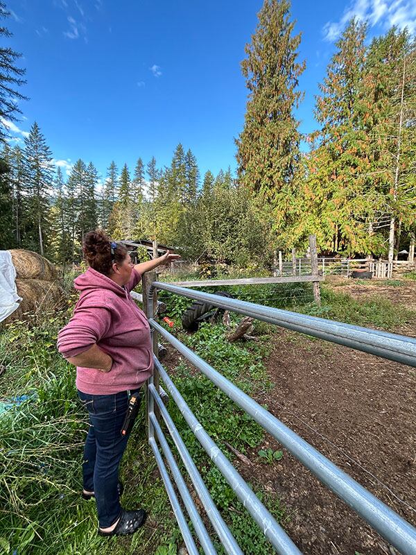 Una mujer mira a través de una baranda hecha con tubos.
