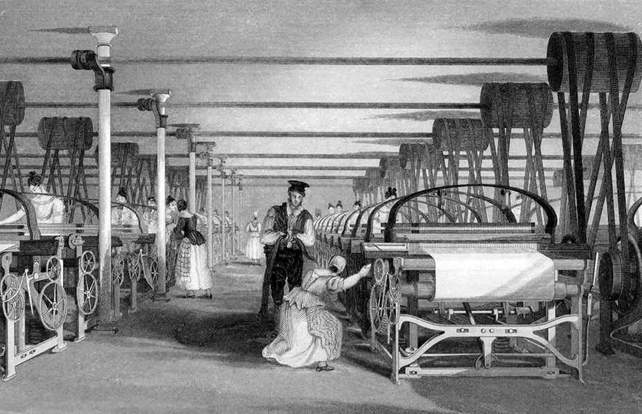 Imagen de 1835 que muestra una escena de una fábrica textil con mujeres trabajando en telares mecánicos.