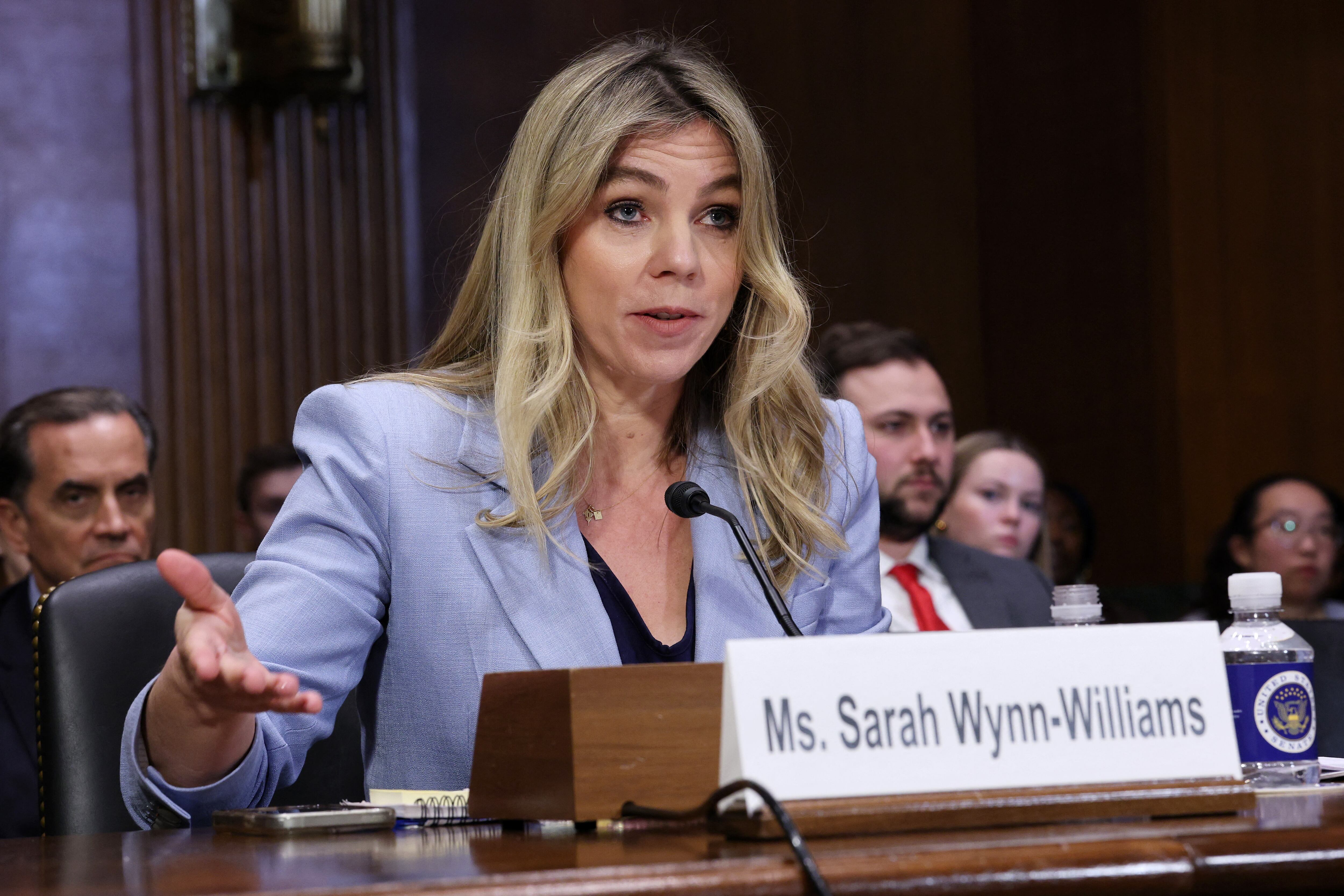 WASHINGTON, DC - APRIL 09: Sarah Wynn-Williams, former Director of Global Public Policy at Facebook, testifies during a Senate Judiciary Committee hearing in the Dirksen Senate Office Building on Capitol Hill on April 09, 2025 in Washington, DC. In a memoir published last month, Wynn-Williams detailed allegations of misconduct and sexual harassment at Facebook and claimed the company undermined U.S. national security in dealings with the Chinese government. Win McNamee/Getty Images/AFP (Photo by WIN MCNAMEE / GETTY IMAGES NORTH AMERICA / Getty Images via AFP)