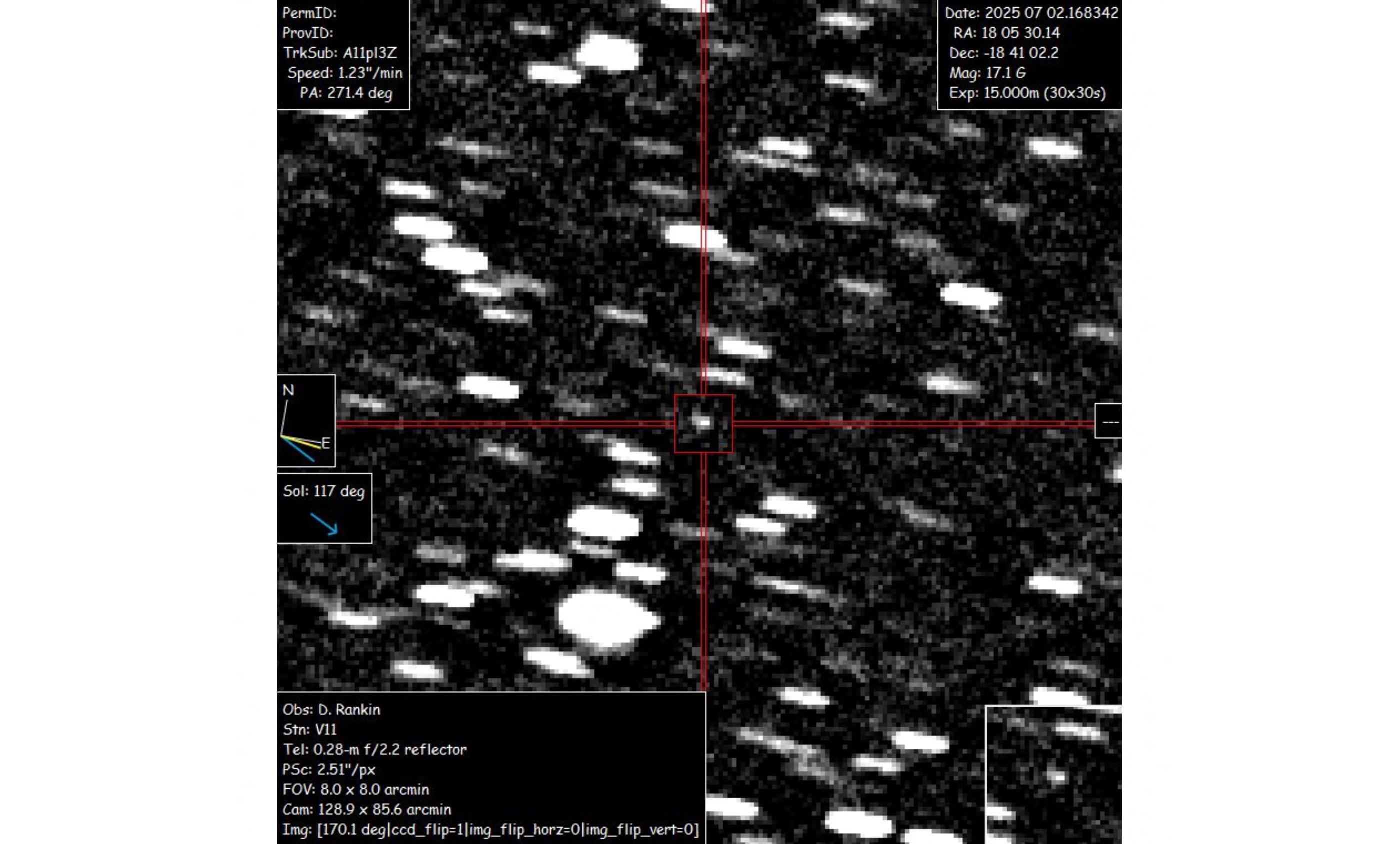 Esta imagen, cortesía de David Rankin, del Observatorio Saguaro, muestra el objeto interestelar A11pI3Z, captado el 2 de junio de 2025 por David Rankin, ingeniero del Catalina Sky Survey de la Universidad de Arizona. Fotografía: