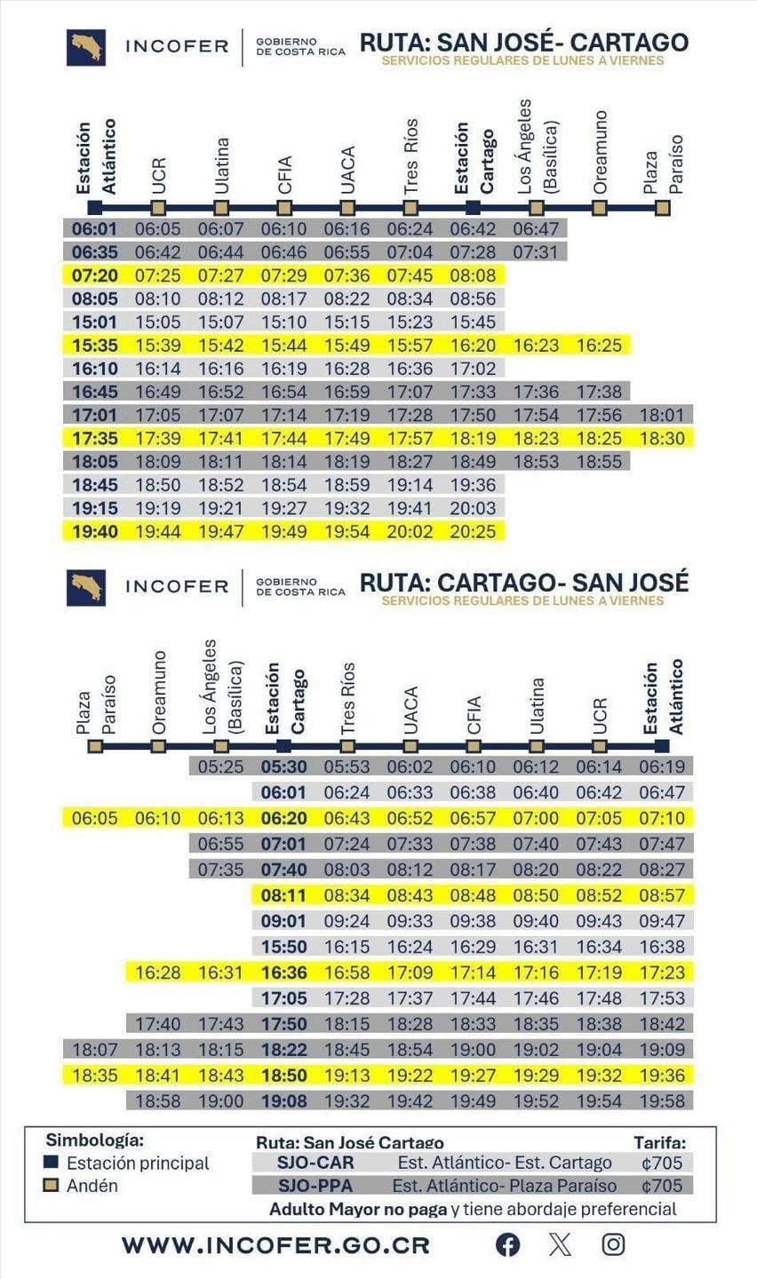 Este será el funcionamiento de los trenes en Cartago este viernes 19 de diciembre. Los servicios marcados con la franja amarilla operarán con capacidad reducida.