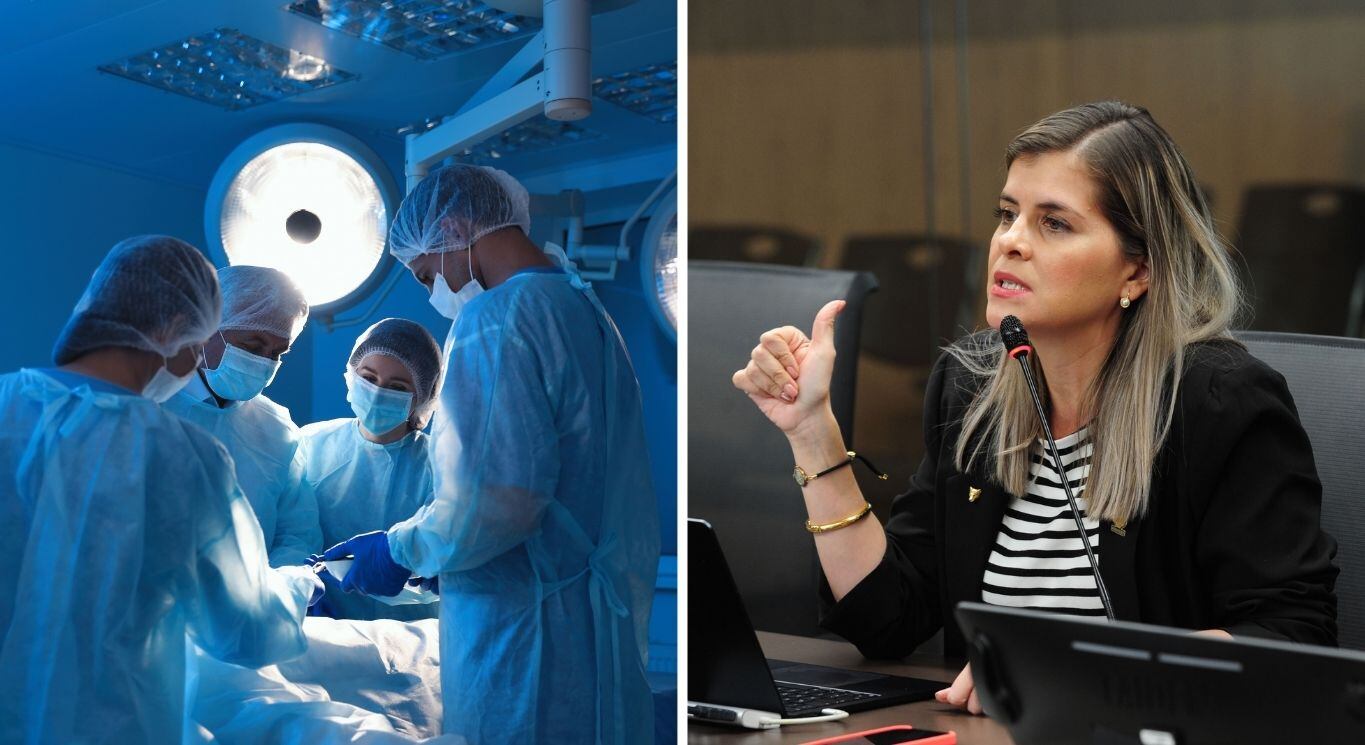 Grupo de cirujanos trabajando en una sala de operaciones bajo iluminación quirúrgica en un hospital de la CCSS. En otra fotografía, la ministra de la Presidencia, Laura Fernández.