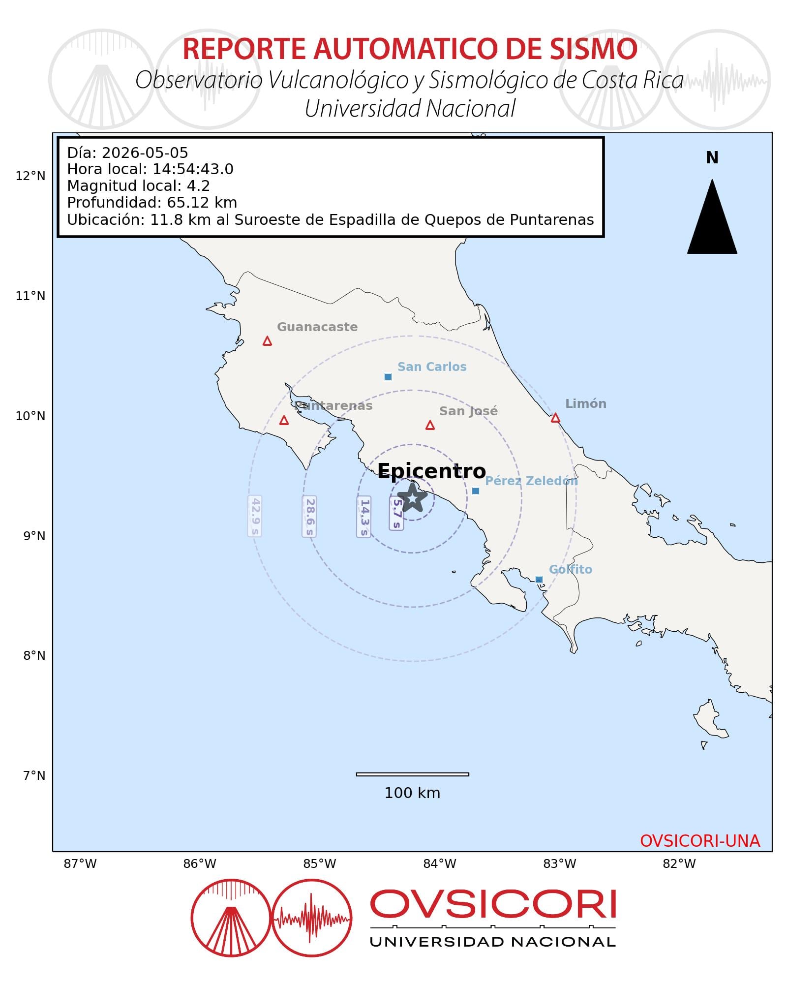 Temblor de magnitud 4,2 ocurrió en Quepos este 5 de mayo. Ovsicori ubicó el epicentro cerca de Espadilla.