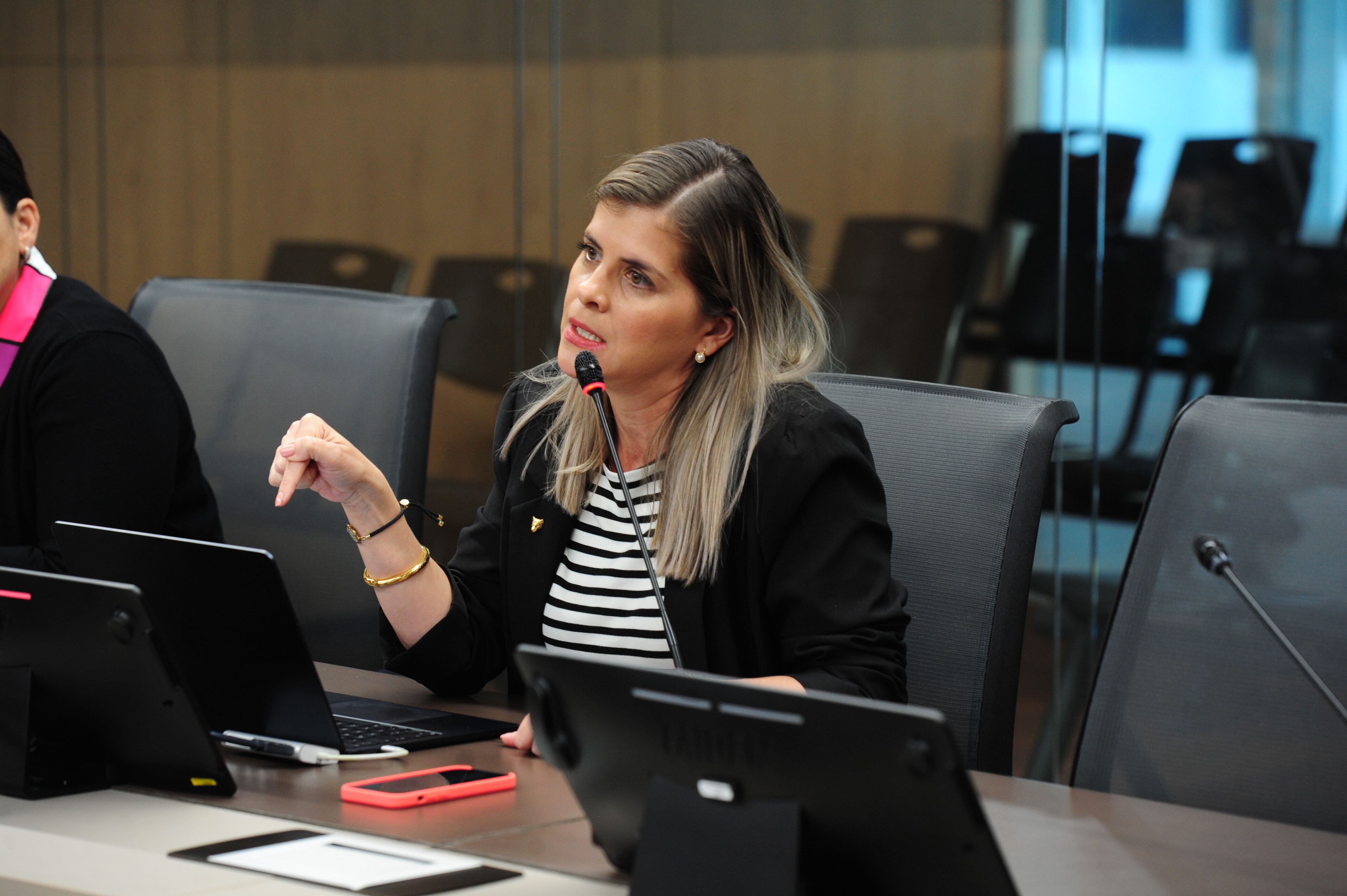 La ministra de la Presidencia de Costa Rica, Laura Fernández, gesticula durante una comparecencia ante el Congreso, para ilustrar su defensa de una ley inconstitucional.