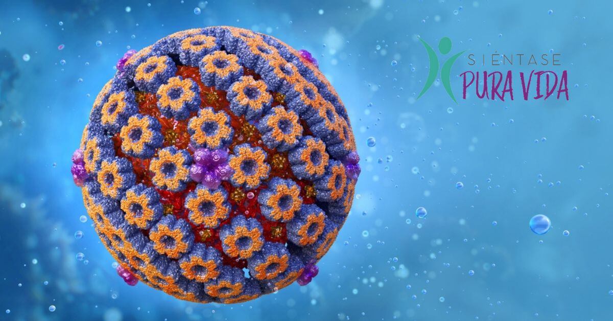 La imagen de un virus del herpes simple, a su lado, el logo de la sección Siéntase Pura Vida.