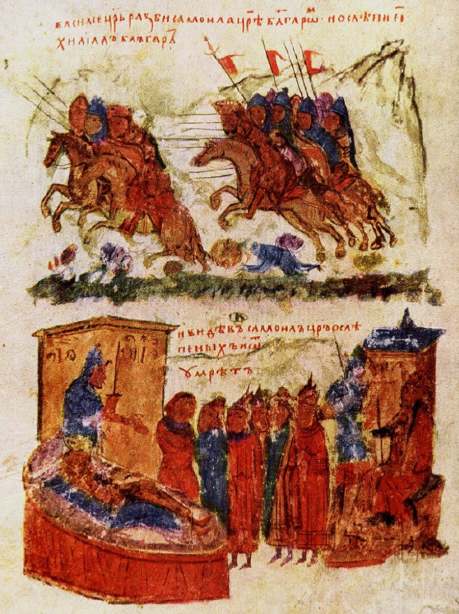 Los bizantinos, bajo el mando del emperador Basilio II, derrotan a los búlgaros (arriba). El zar Samuel muere frente a sus soldados cegados (abajo).