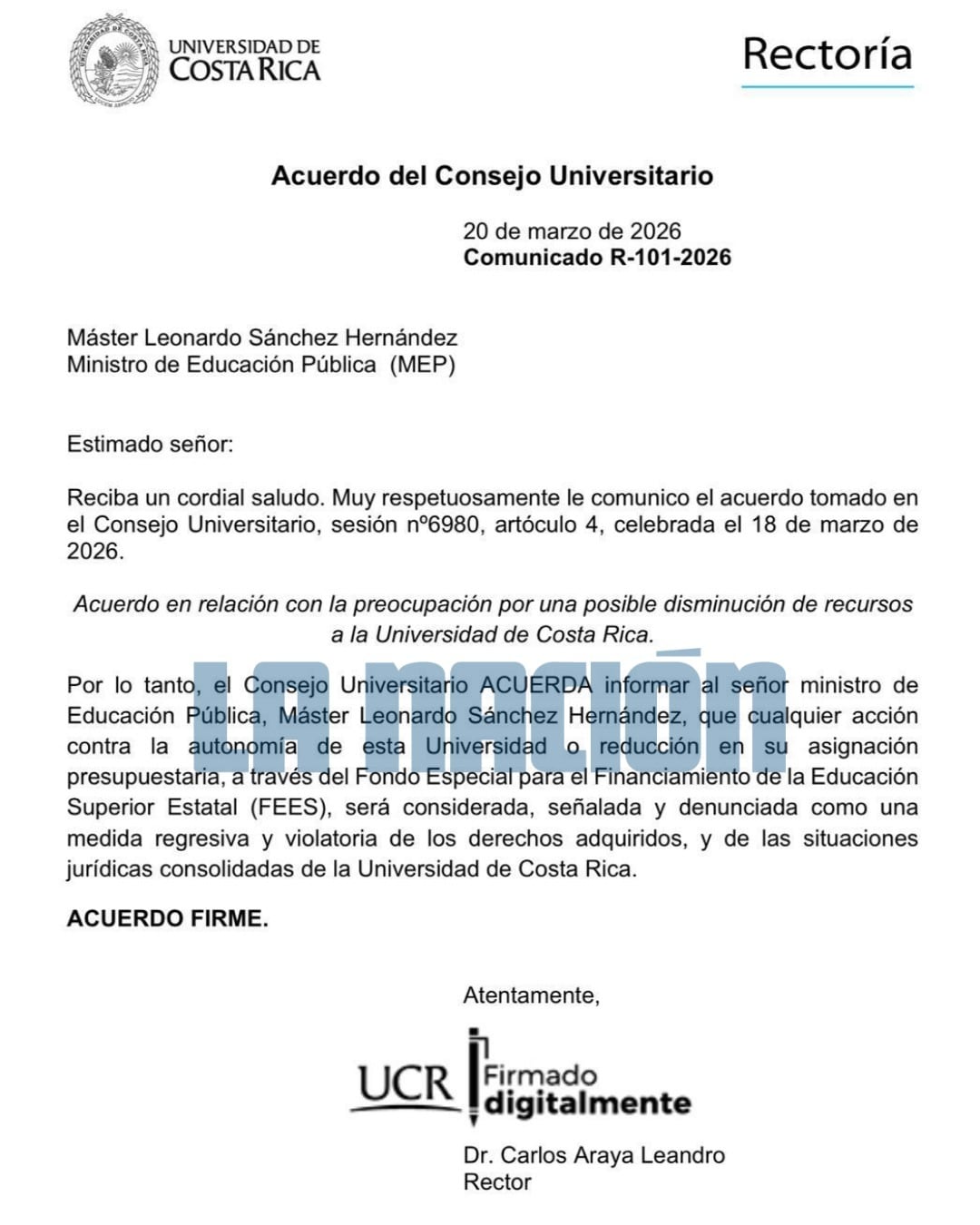 Acuerdo del Consejo Universitario enviado por el rector Carlos Araya Leandro al ministro de Educación, Leonardo Sánchez Hernández.
