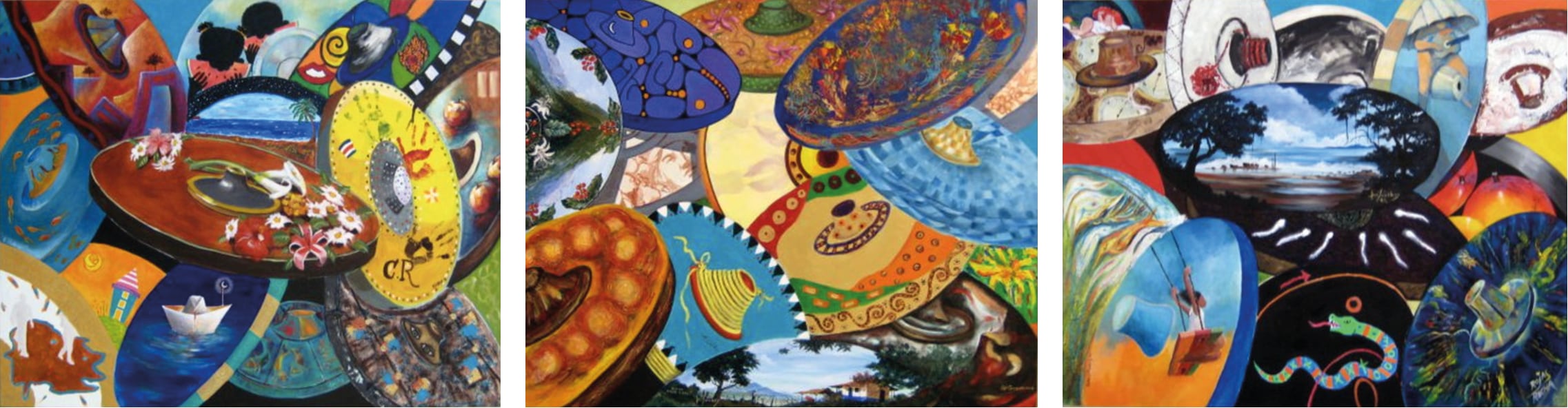 “La pintura en las ruedas de carreta (Tríptico)”, obra colectiva de Esteban Piedra, José Miguel Páez, Ana Beatriz Sánchez y 30 artistas participantes de la feria. Pintura acrílica, 2009. Donada a la Escuela Juan Santamaría, en Curridabat, con el apoyo de la Municipalidad de Curridabat, el Ministerio de Educación Pública y Jiménez & Tanzi.