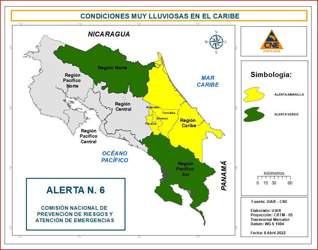 El anuncio del IMN motivó la alerta amarilla por parte de la CN para todo el Caribe y verde ára la zona sur y la zona norte. Imagen: CNE.