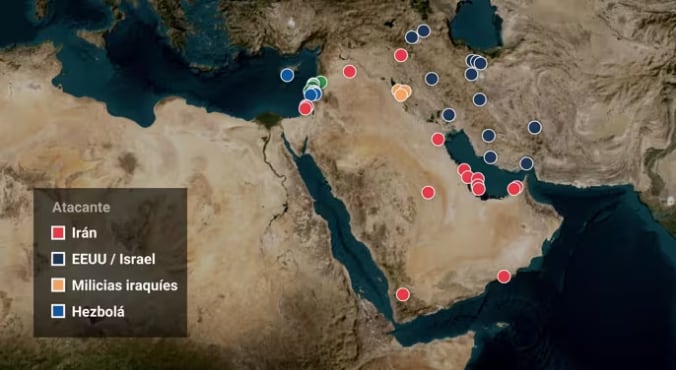 Estos son los principales lugares afectados por los ataques y contraataques en la guerra de Estados Unidos, Israel e Irán desde el 28 de febrero.