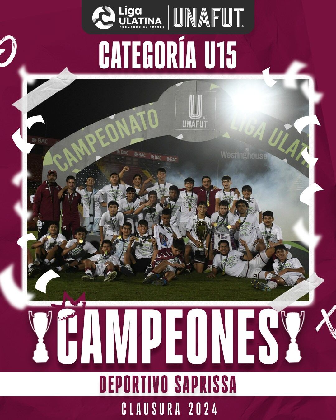 Así mostró la Unafut a todos los integrantes de Saprissa celebrando la obtención del título U-15.