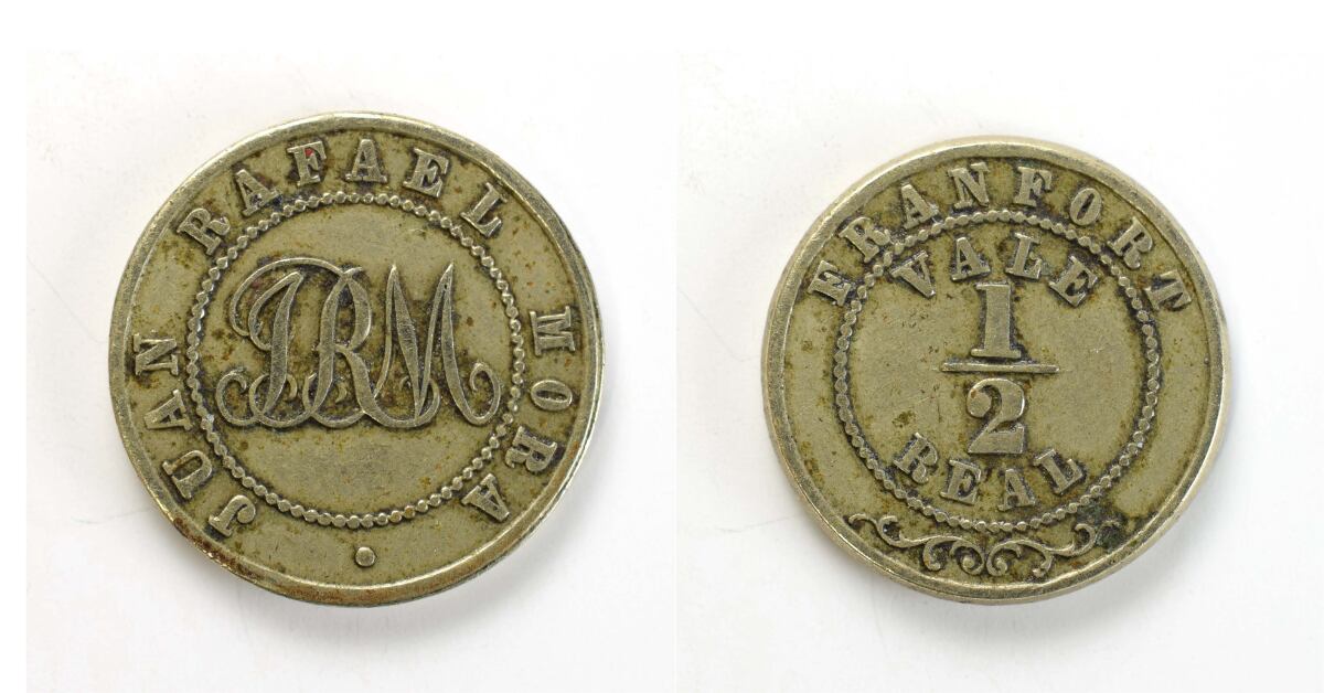 Boleto de café (anverso y reverso) que entregaba Juan Rafael Mora Porras a los trabajadores de su finca Franfort. Valía ½ real y es de cuproníquel.