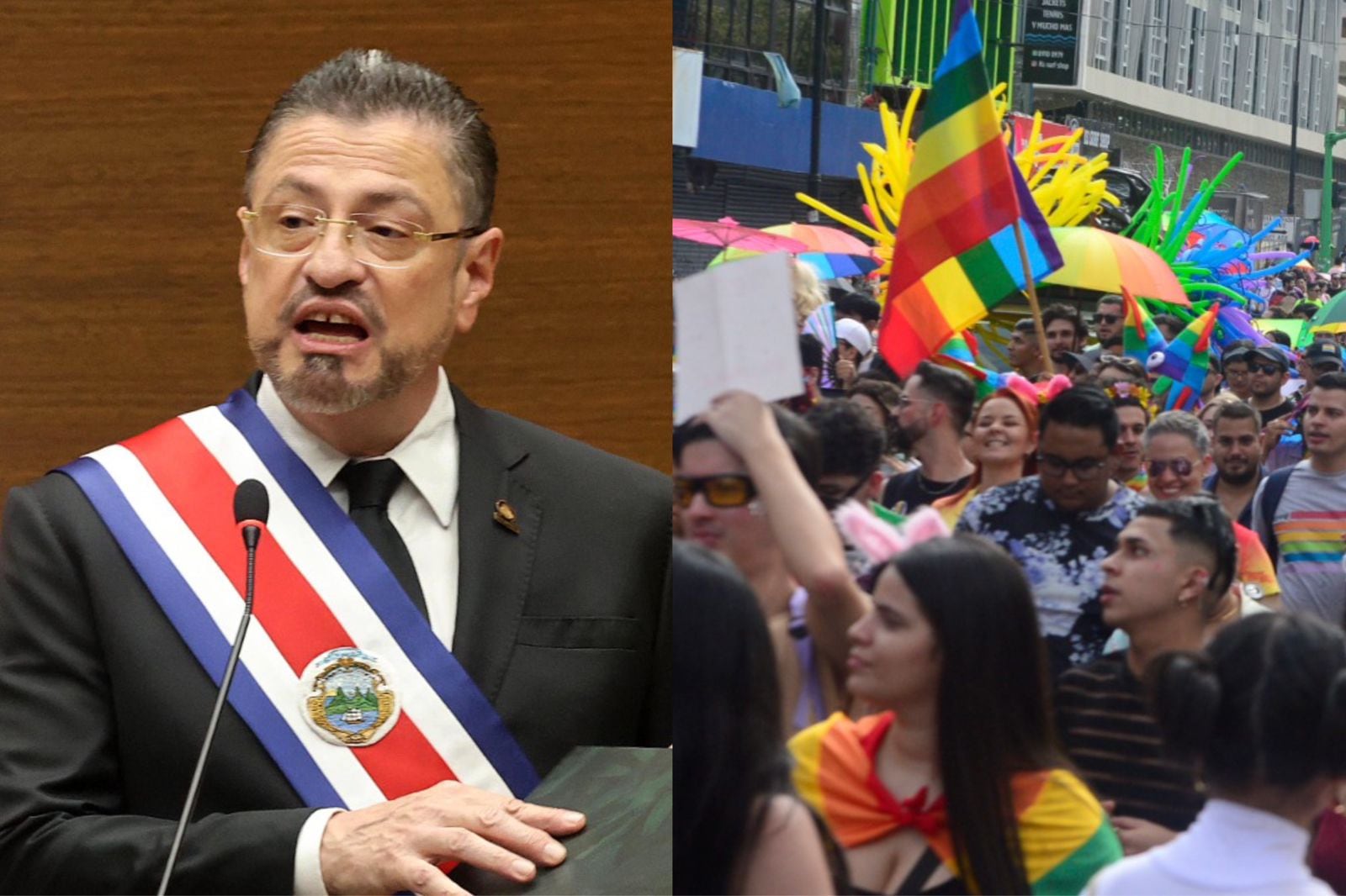 El presidente Rodrigo Chaves, ubicado a la izquierda de la imagen. En la parte derecha se observa a los participantes de la marcha de 2024