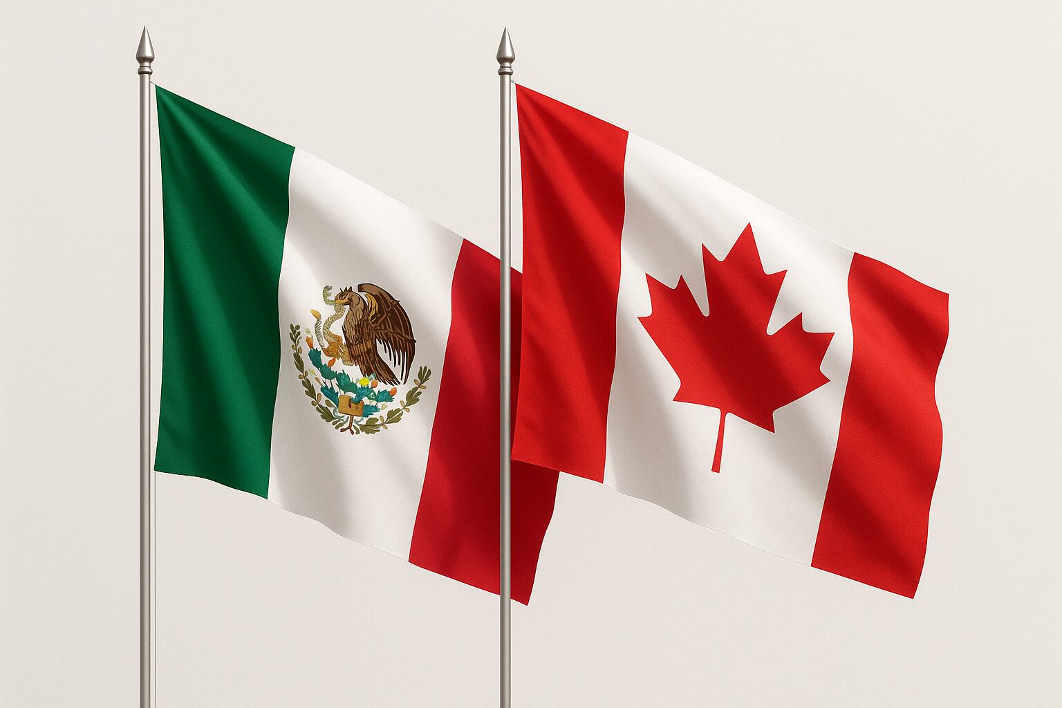 Banderas de México y Canadá ondeando lado a lado, representando la reunión entre Claudia Sheinbaum y autoridades canadienses para discutir el tratado T-MEC y la ofensiva arancelaria de Estados Unidos.