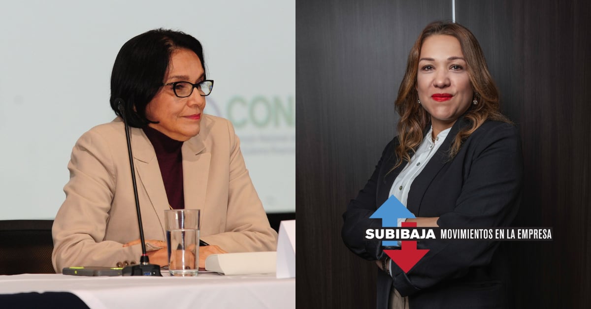 Dos mujeres en una fotocomposición fotográfica, una sentada de lentes y traje claro, la otra, de pie con traje oscuro.