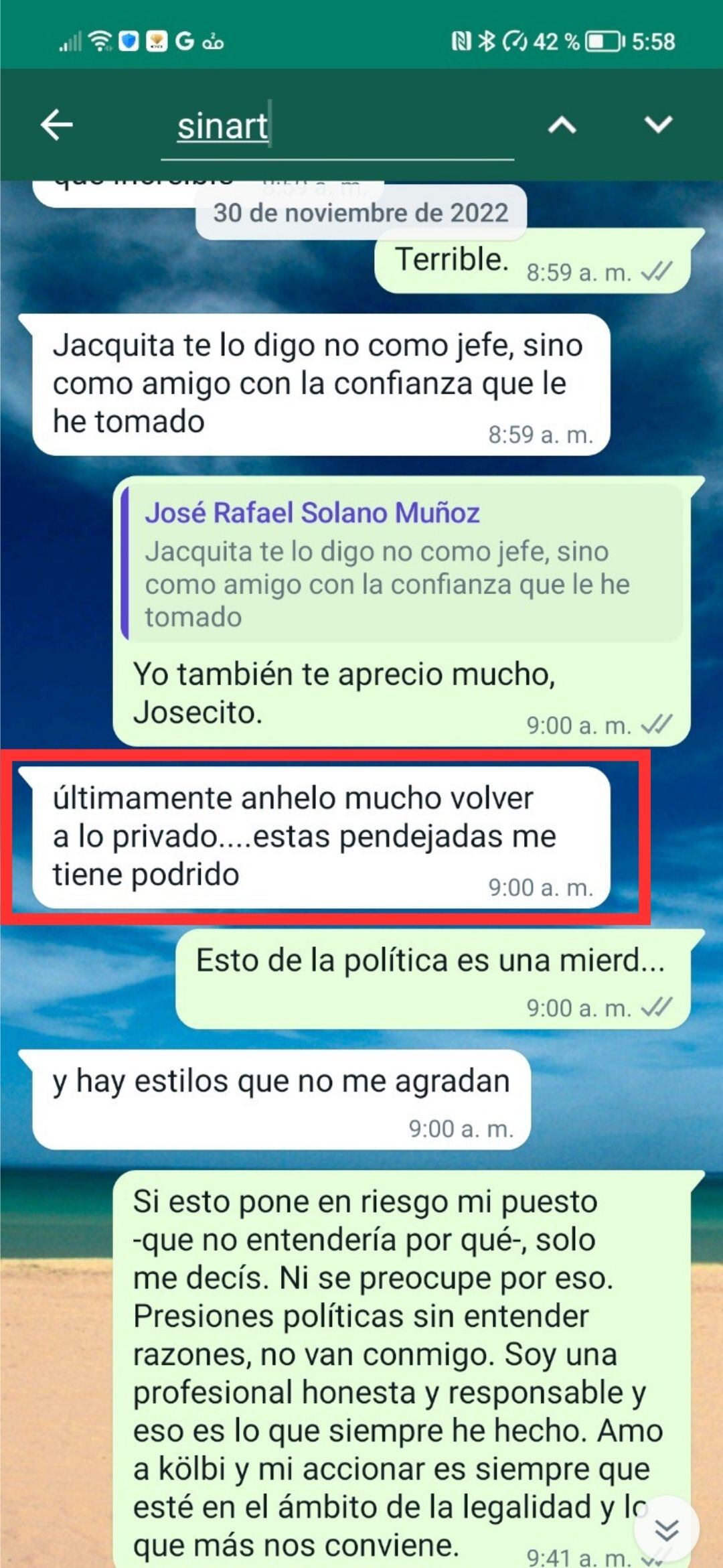 Estos fueron los mensajes enviados por José Rafael Solano, jefe de la División Comercial del ICE, a su subalterna, Jacqueline González, entonces coordinadora de Planificación Comercial de la entidad.