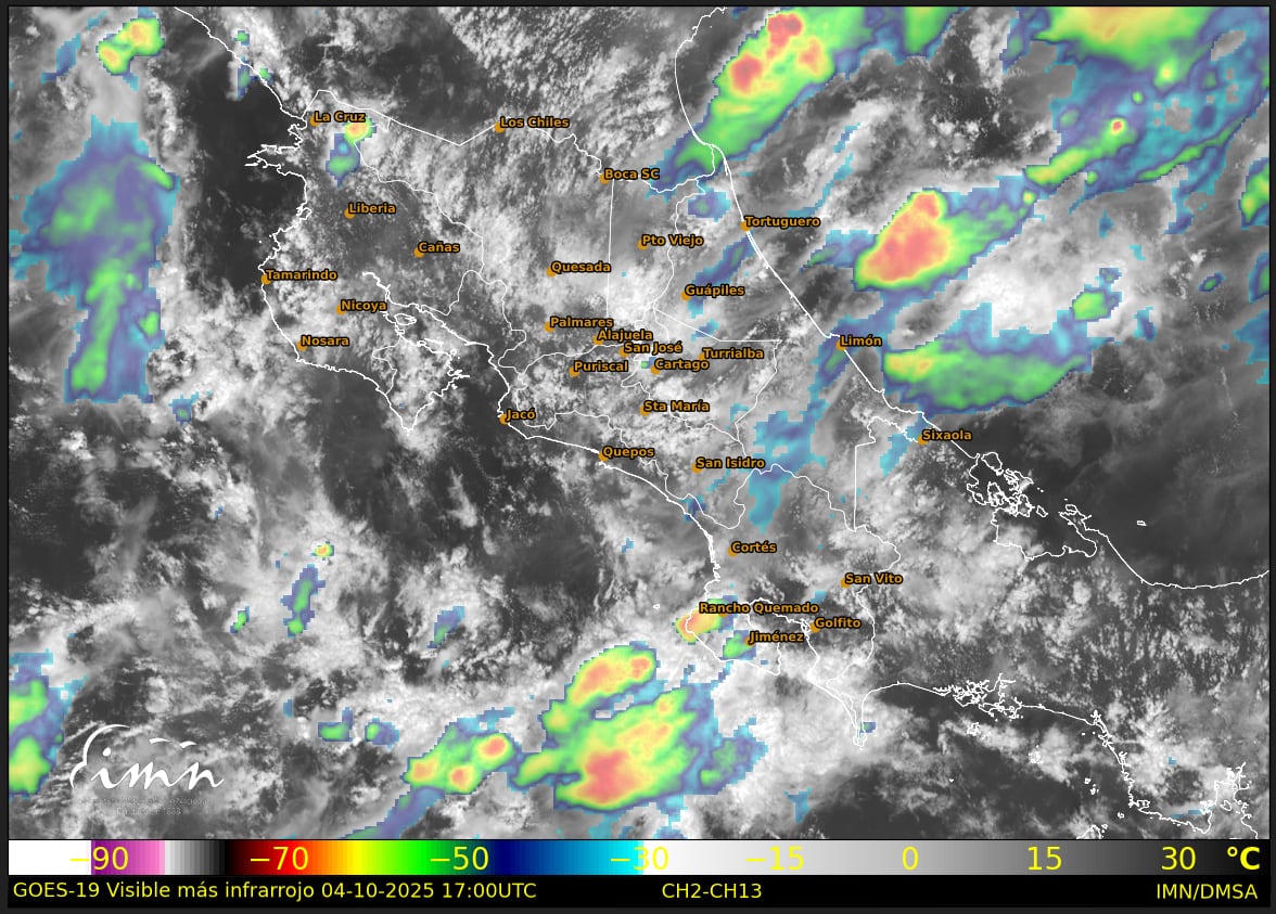 Imagen satelital de las 11:00 a. m. (hora local) muestra la densa nubosidad sobre Costa Rica y las lluvias asociadas a la Zona de Convergencia Intertropical y a la onda tropical #35.