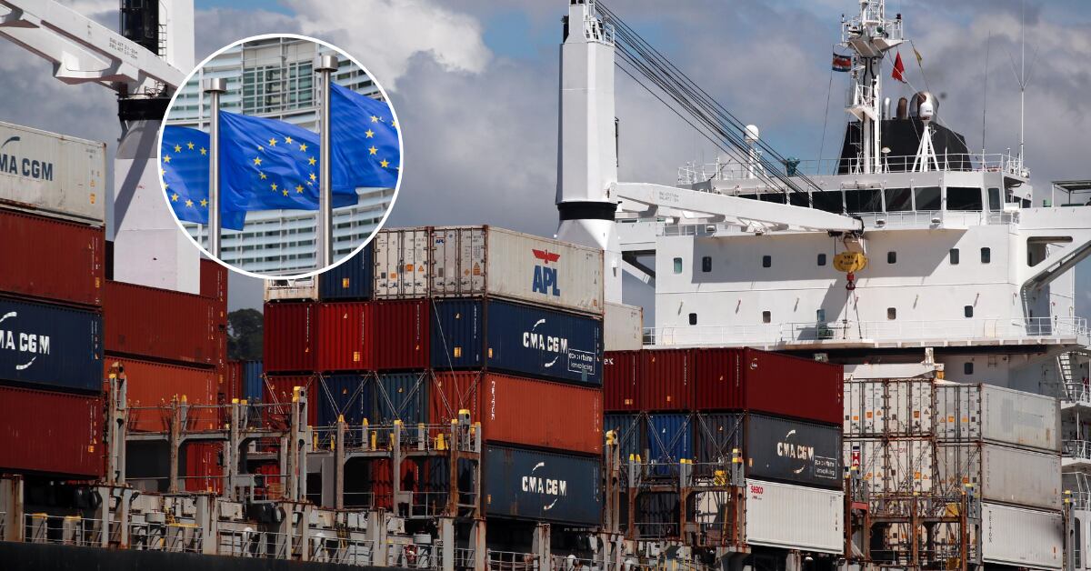 Barco con contenedores en Puerto Caldera, inserta una imagen con la bandera de la Unión Europea
