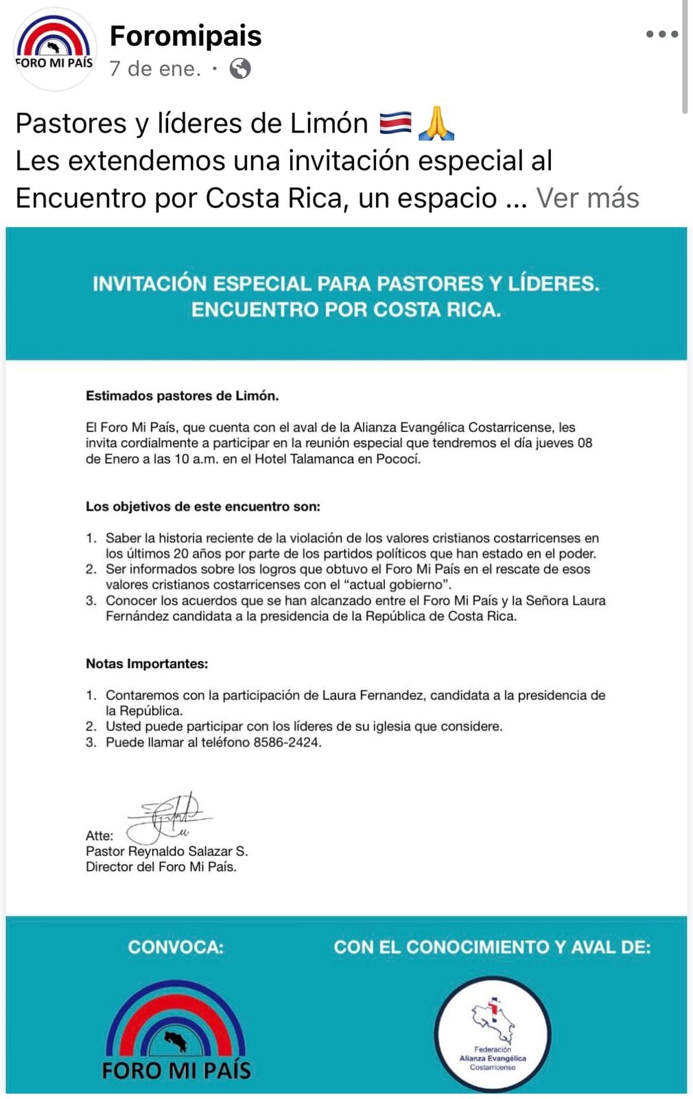 La invitación se titula “invitación especial para pastores y líderes”. Difundida por el Foro Mi País en sus redes sociales.