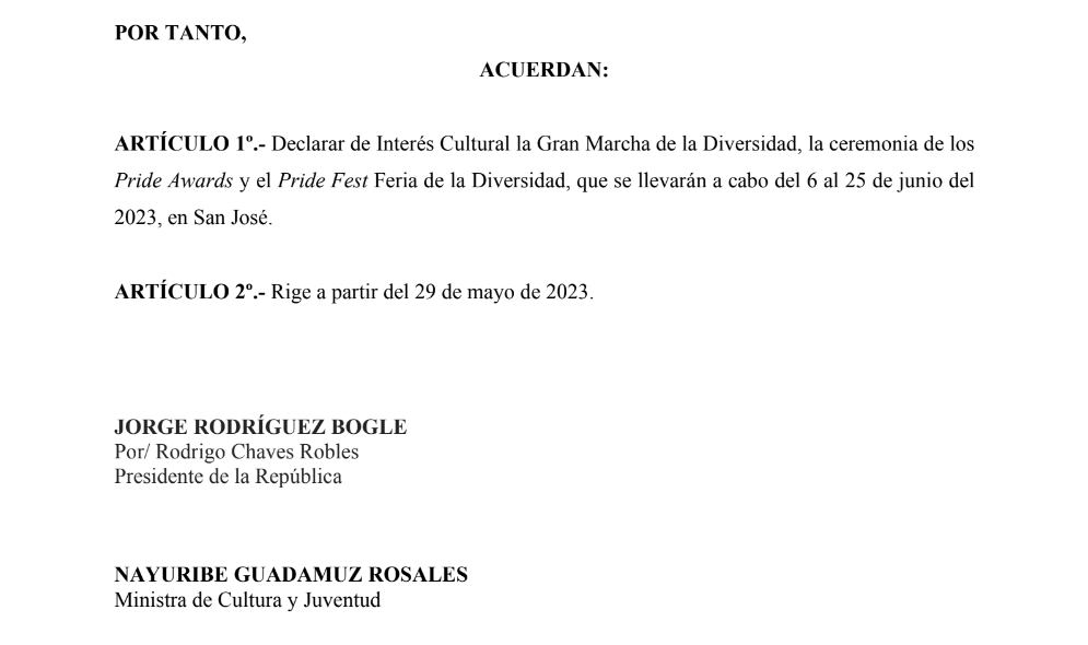Esta es la parte final del acuerdo ejecutivo mediante el cual se declaró de interés cultural la Marcha de la Diversidad de 2023.