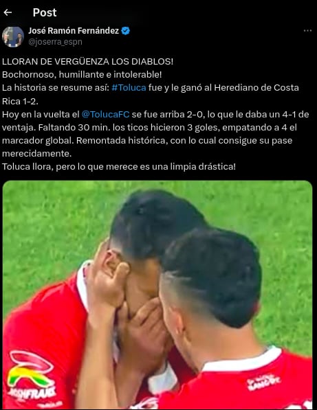 Herediano
Reacción de la prensa mexicana al triunfo del Herediano ante Toluca por la Concacaf Liga de Campeones
15 de febrero del 2024
Tomada de redes sociales