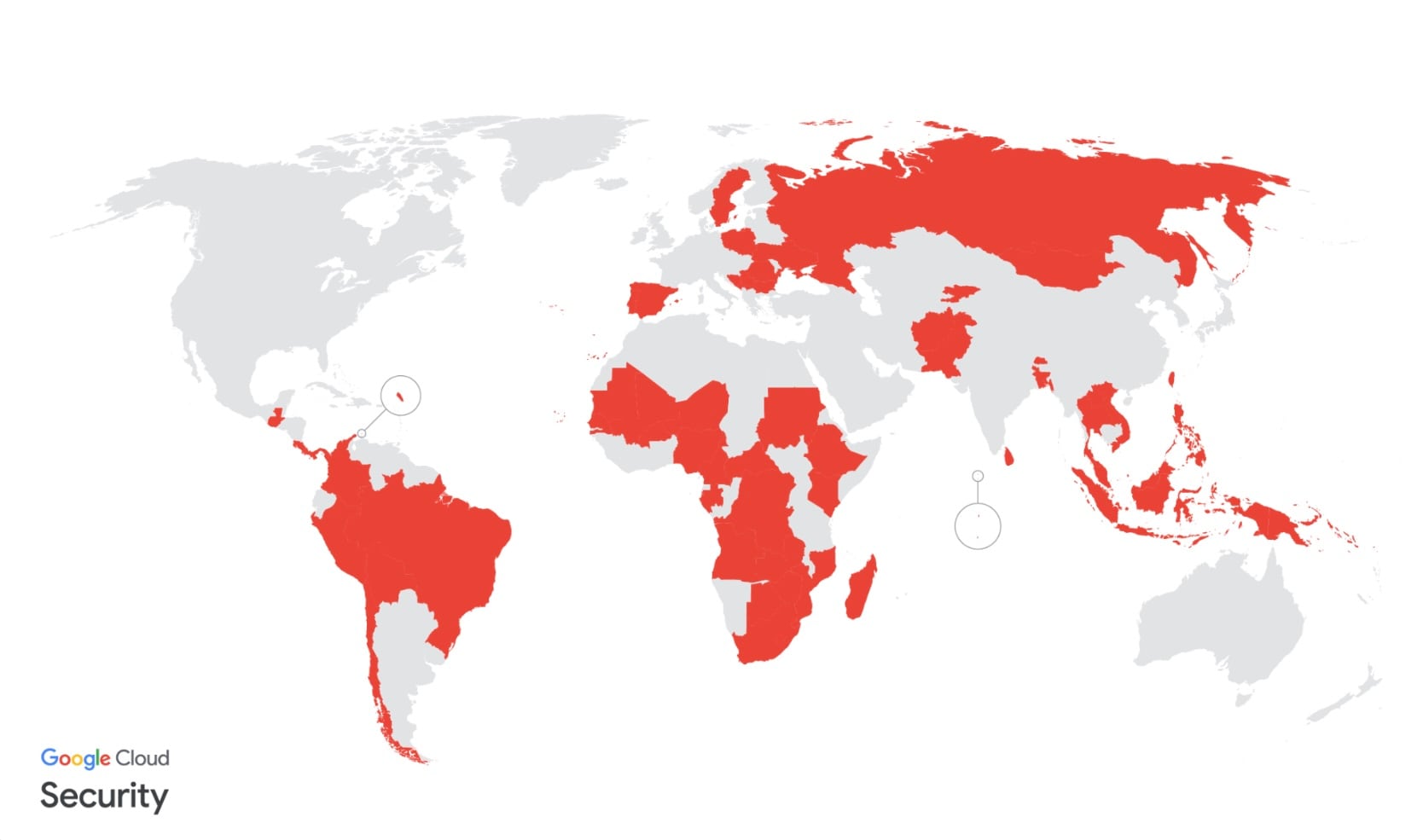 Países confirmados que han sido víctimas de actividades del grupo UNC2814, según Google.