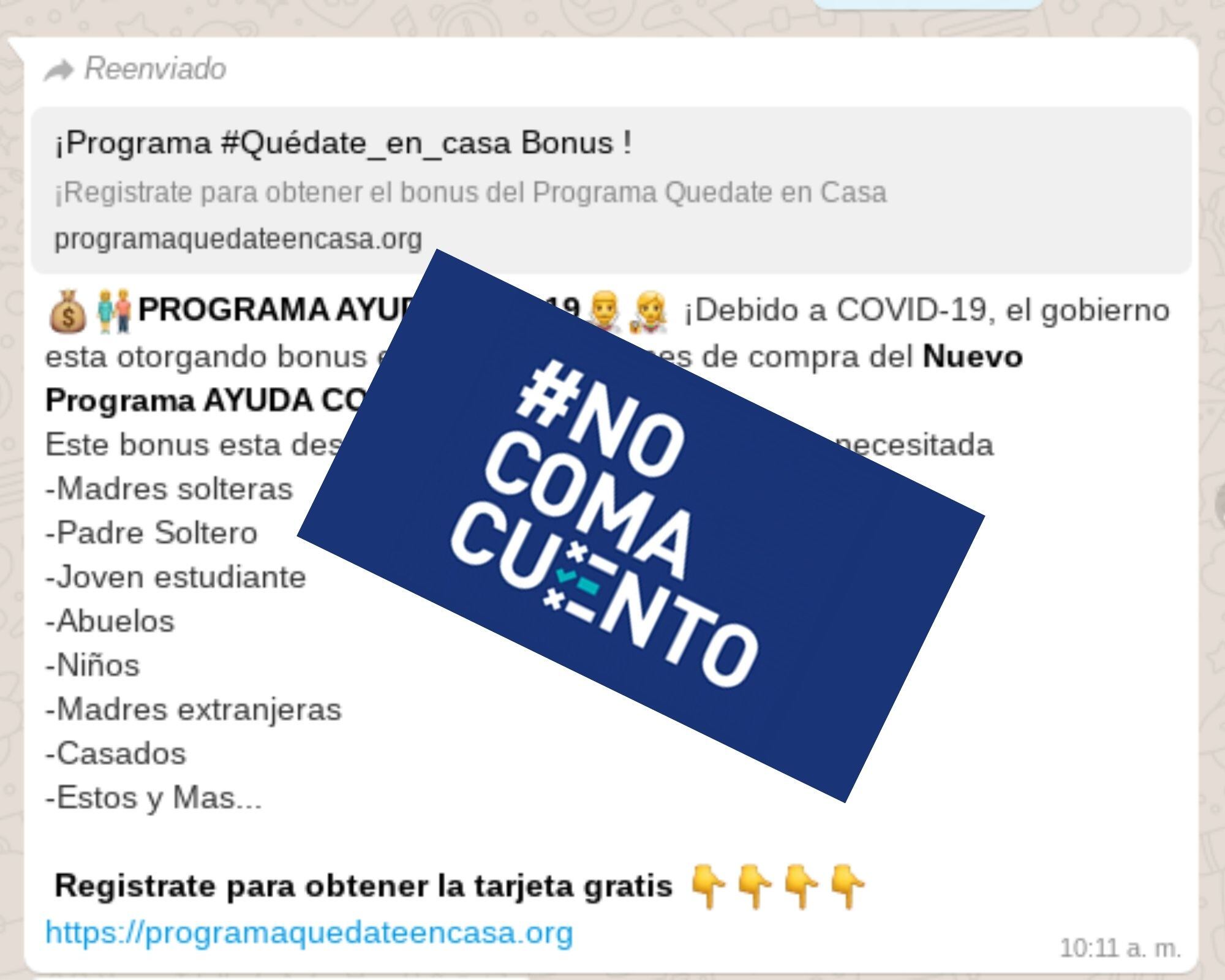 Falsos mensajes como este, que le promete a la persona un bono Proteger, el subsidio estatal para quienes quedaron desempleados por la pandemia, circulan en WhatsApp.