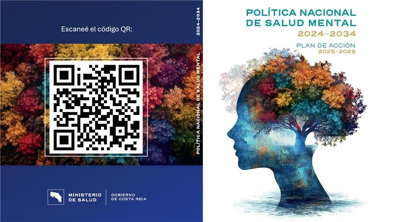 Portada de la Política Nacional de salud Mental con el perfil de un rostro femenino. El cabello estilo afro es un árbolo con ramas de múltiples colores: amarillo, azul, rojo.