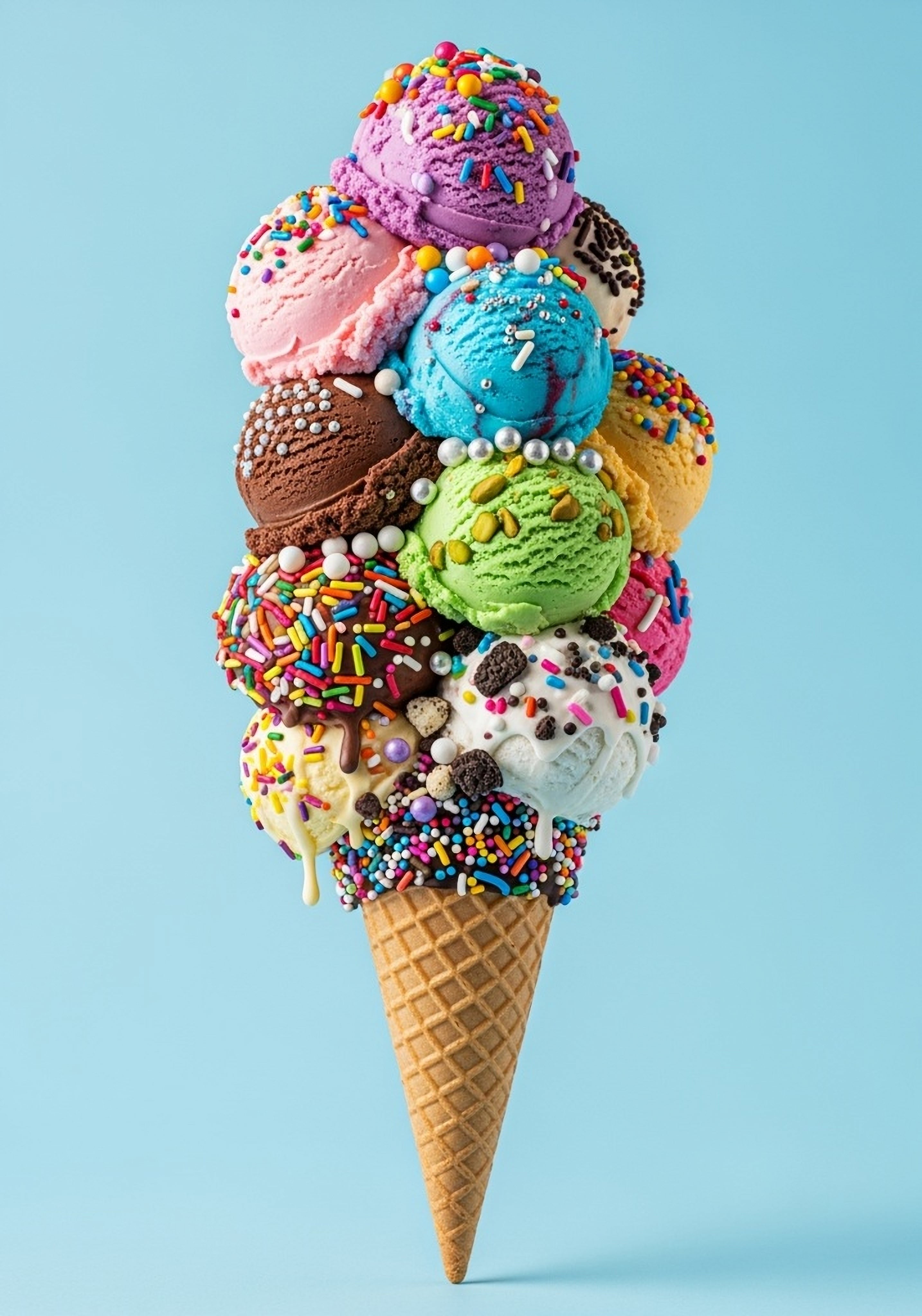 Cono gigante de coloridos helados de todos los sabores con toppings abundantes