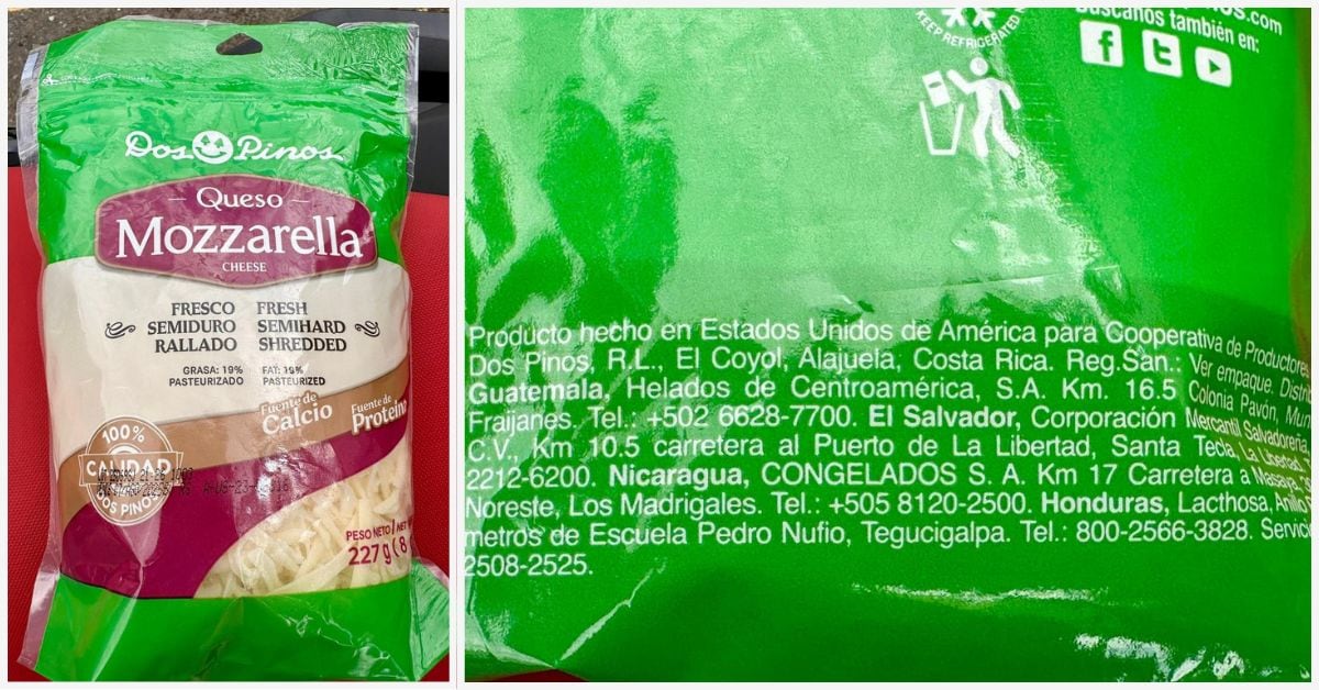 Imagen de queso mozarella de Dos Pinos fabricado en Estados Unidos.