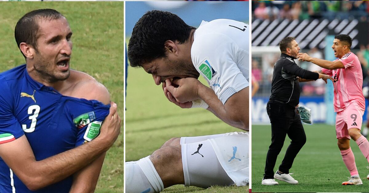Luis Suárez, con Giorgio Chiellini, y a la derecha forcejeando en su último escándalo, esta vez con el Inter Miami.