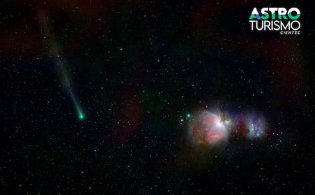 Categoría Cielo Profundo: Un extranjero visita Orión. Cometa Panstarrs C/2025 R3 paso cerca de Orión al atardecer del 10 de mayo de 2025.
Esta foto consiste en: 30 tomas de 30 segundos con un telescopio WilliamOptics GT71 a 336mm con una camara ZWO ASI2400mcpro con montura Skywatcher 150i y filtro Optolong L-Pro, procesado en Pixinsight
Desde Lindora (Pozos de Santa Ana, San Jose). Tomada el 5/10/2025
