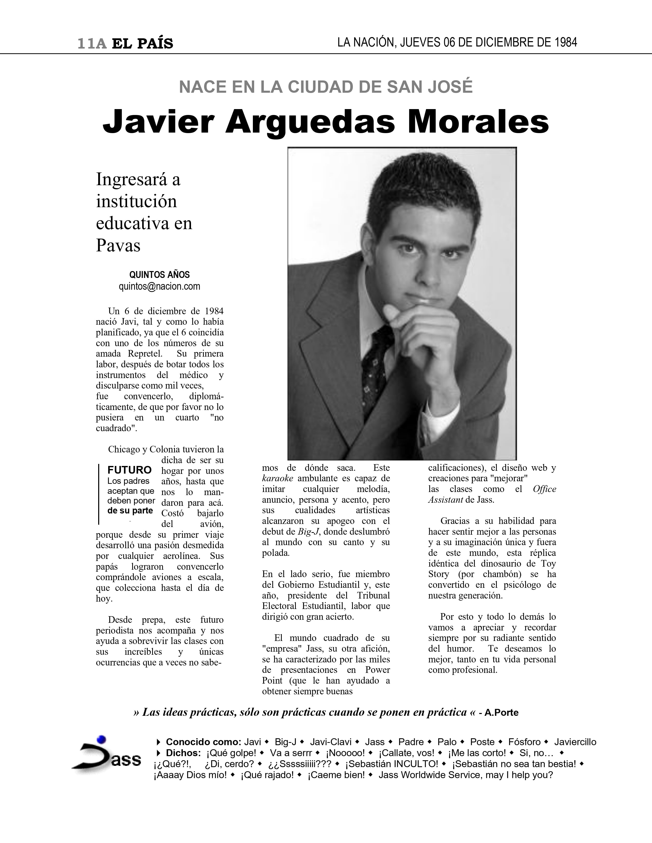 La página del anuario de Javier Arguedas replicaba una página de 'La Nación' donde lo presentaba como futuro periodista.