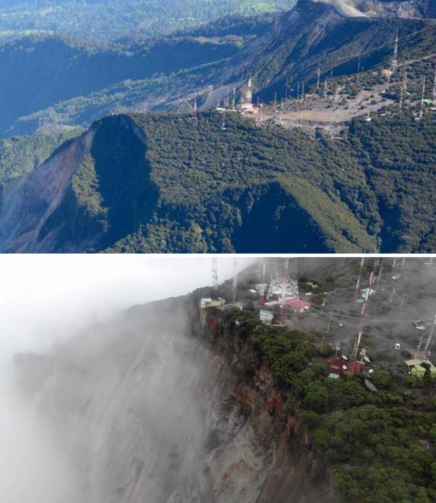 Lo torre alta que se ve en la imagen aérea de arriba se ve en primer plano en la gráfica de abajo y da una idea del bloque que se desprendió este 26 de agosto en el irazú. Fotos: Cortesía Ovsicori.
