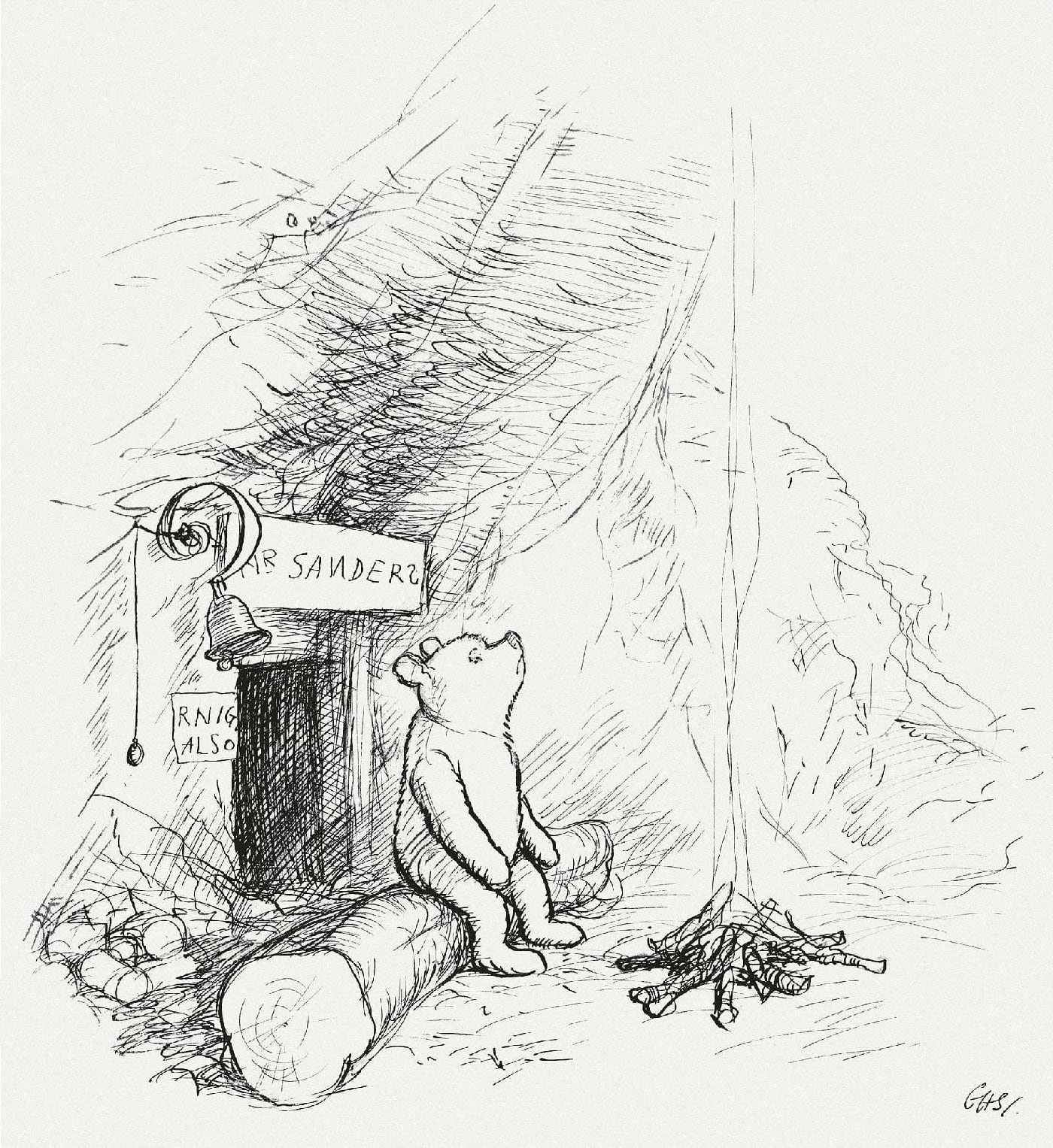 Ilustración de la página 3 de Winnie-the-Pooh (1926), realizada por el artista E. H. Shepard.