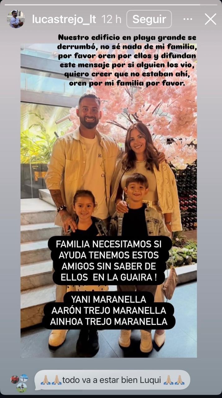 Esta es la historia publicada por Lucas Trejo en Instagram, donde pida ayuda para localizar a su familia tras el terremoto de Venezuela.