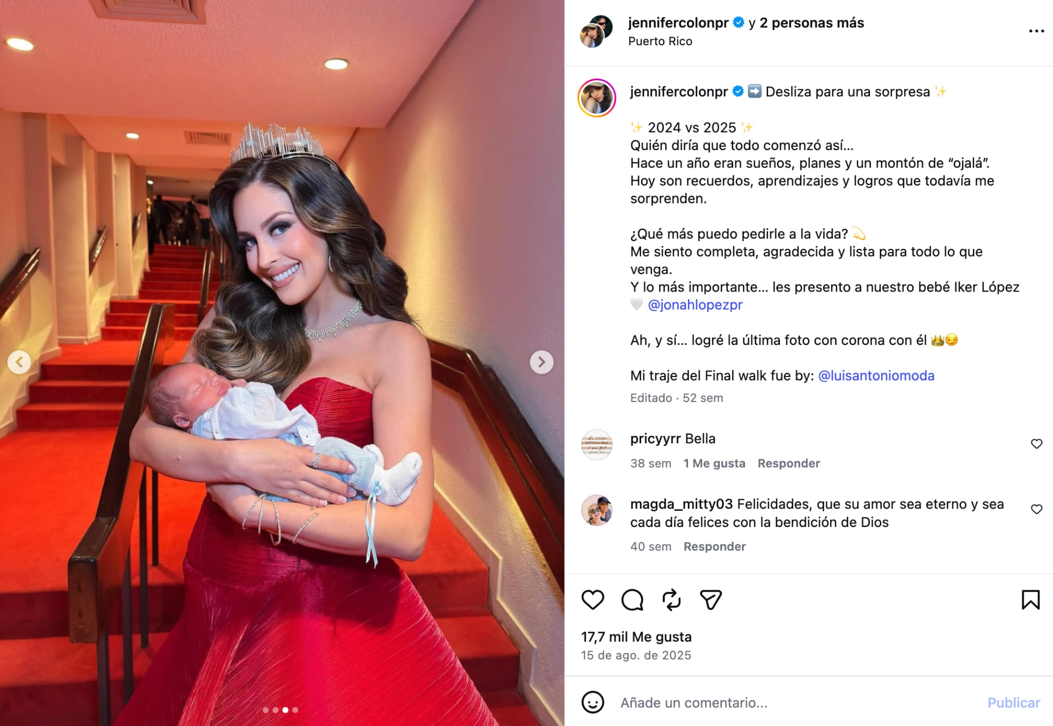 Jennifer Colón, Miss Universe Puerto Rico 2024, posó con su hijo Iker López mientras todavía ostentaba la corona.