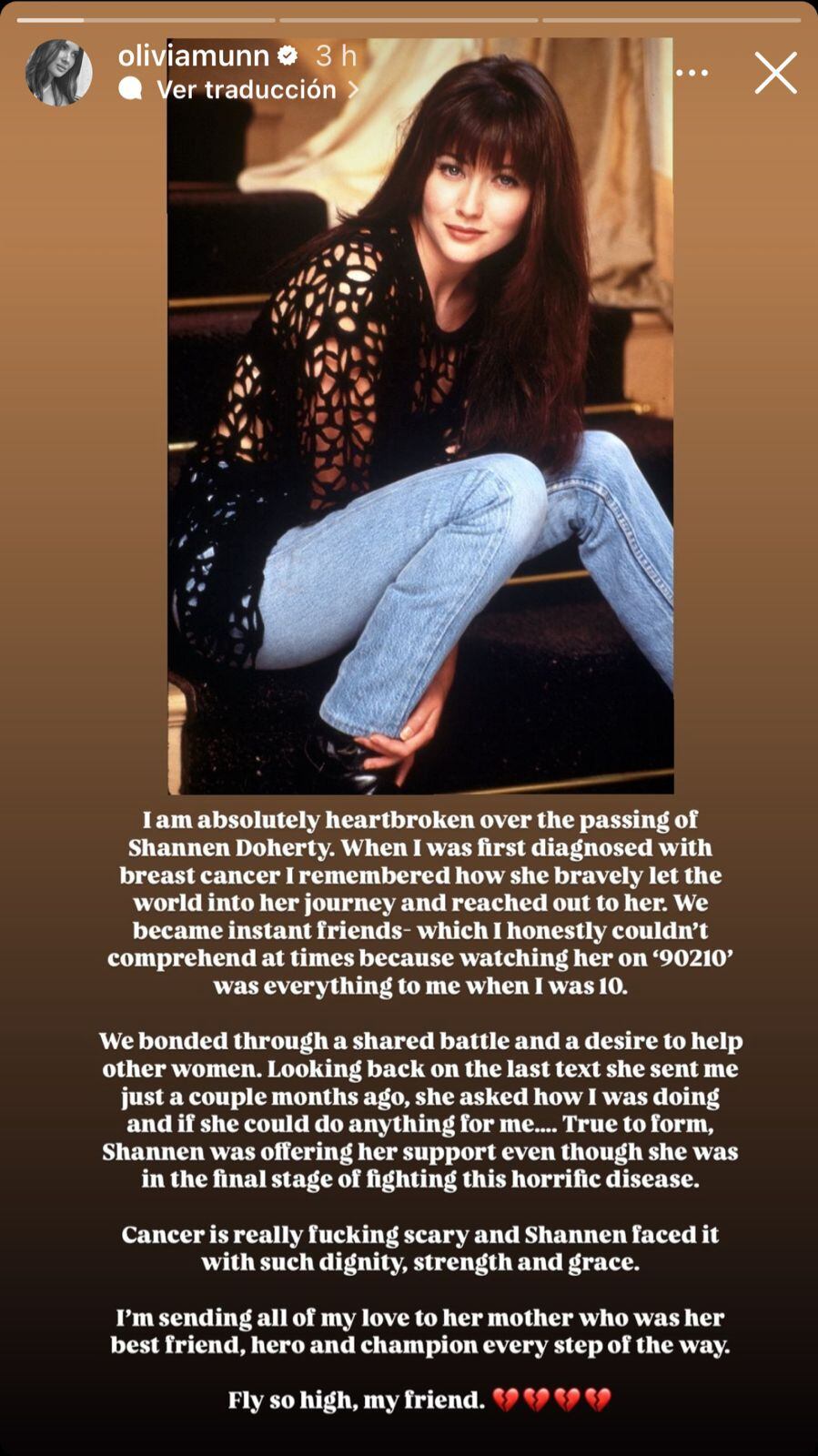 Olivia Munn y Shannen Doherty se hicieron amigas luego de que ambas compartieran su batalla contra el cáncer.