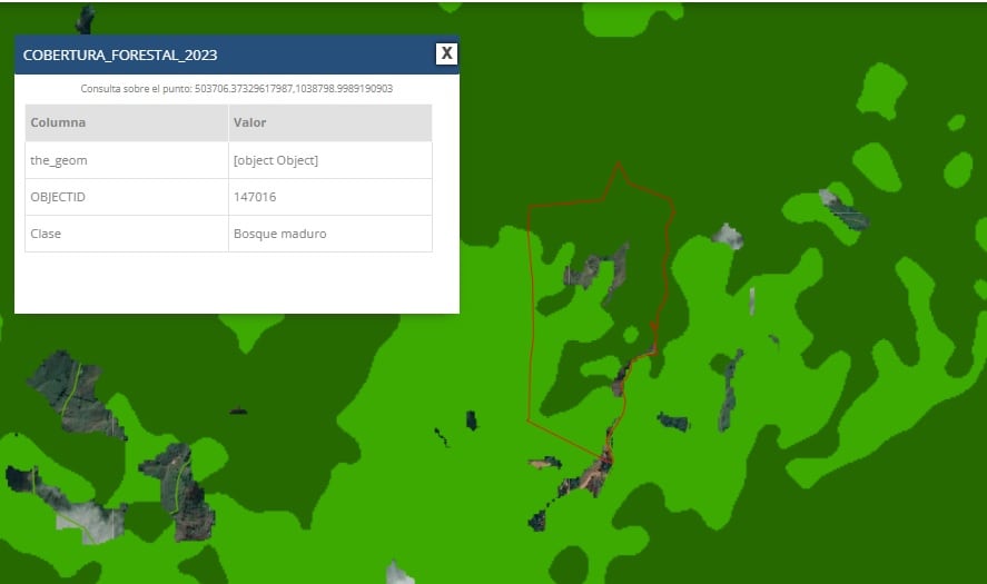 En el mapa de cobertura forestal 2023 también aparece que la propiedad en el corredor biológico Paso La Danta (delineada en rojo) que obtuvo la viabilidad ambiental del Setena está cubierta en casi su totalidad por bosque primario (verde oscuro) y segundo (verde claro). Así se visualiza en el Sistema Nacional de Información Territorial (SNIT).
