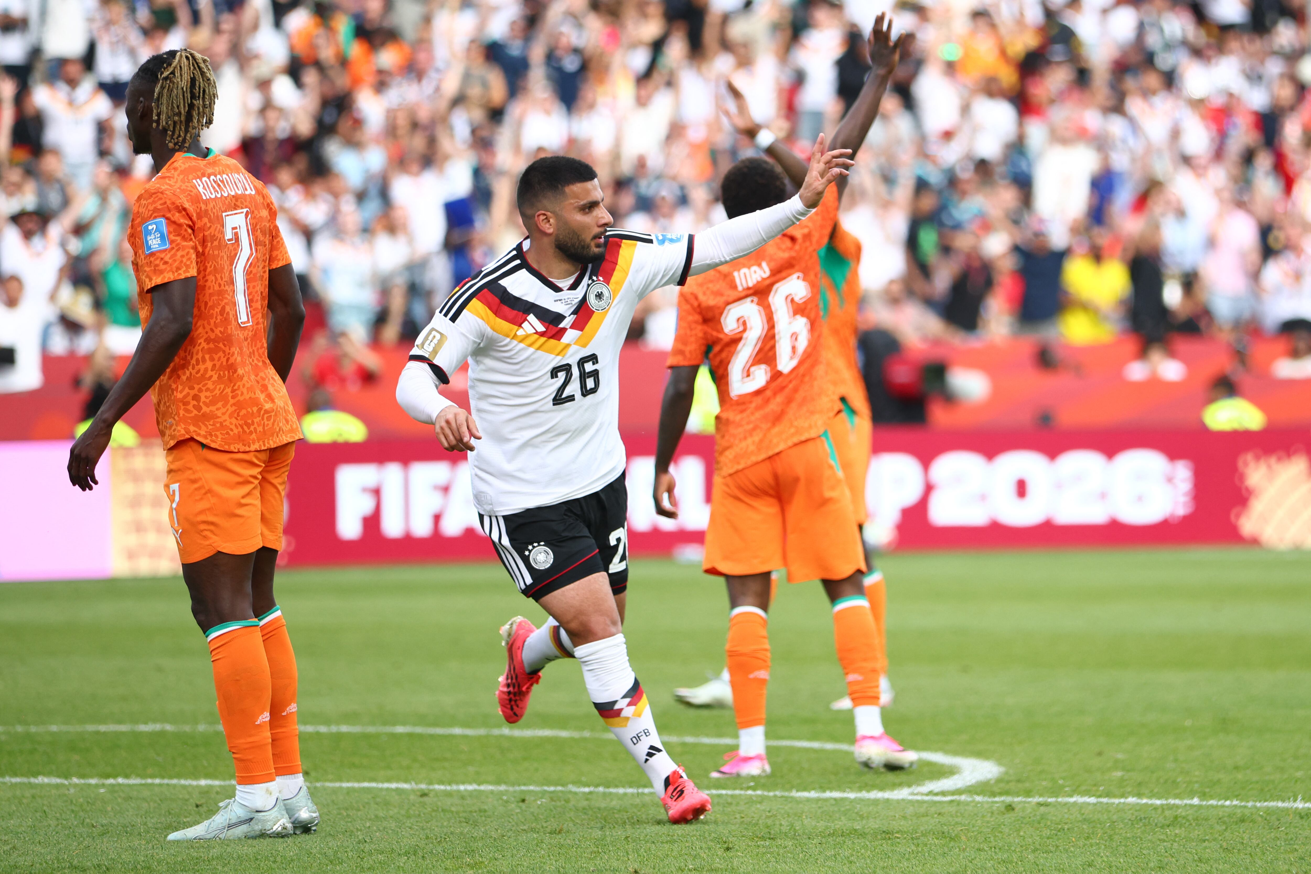 Germany's forward #26 Deniz Undav celebrates after scoring his team's second goal during the 2026 World Cup Group E football match between Germany and Ivory Coast at the Toronto Stadium in Toronto on June 20, 2026. (Photo by Cole Burston / AFP)