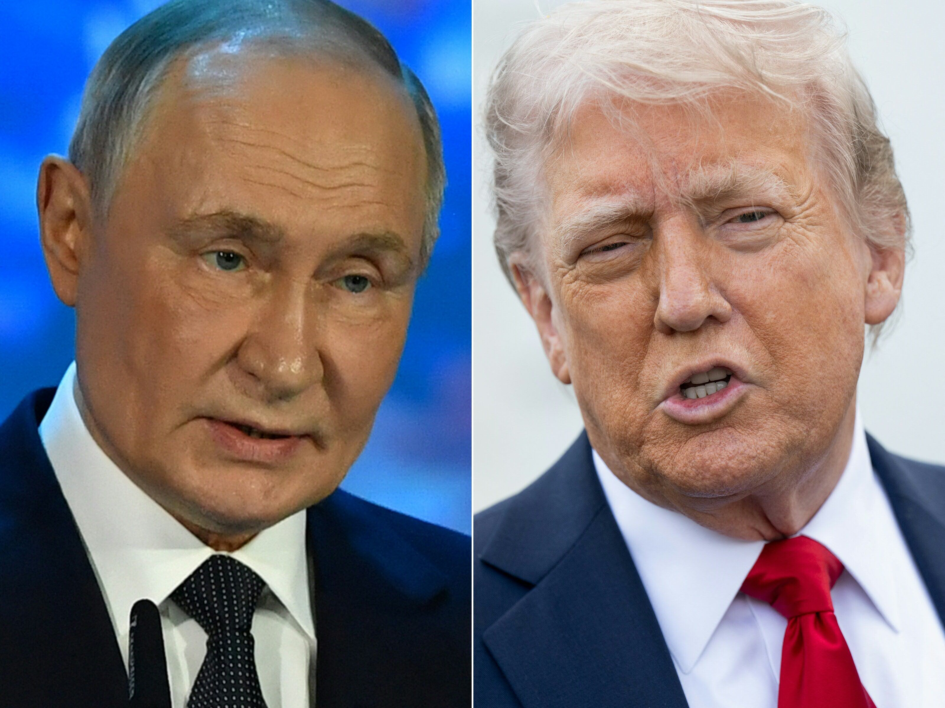 (COMBO) This combination of pictures created on April 24, 2025 shows, L-R, Russian President Vladimir Putin speaking in Murmansk on March 27, 2025 and US President Donald Trump outside the White House in Washington, DC, on April 23, 2025. Donald Trump on April 24, 2025, called on Vladimir Putin to halt attacks on Ukraine, in a rare rebuke of the Russian leader after Moscow fired a barrage of missiles and drones at Kyiv, killing at least 10 in the deadliest attack on the capital in months. The direct appeal to Putin came after Ukrainian President Volodymyr Zelensky urged his allies to put Russia under more pressure to halt its invasion. (Photo by Olga MALTSEVA and SAUL LOEB / AFP)