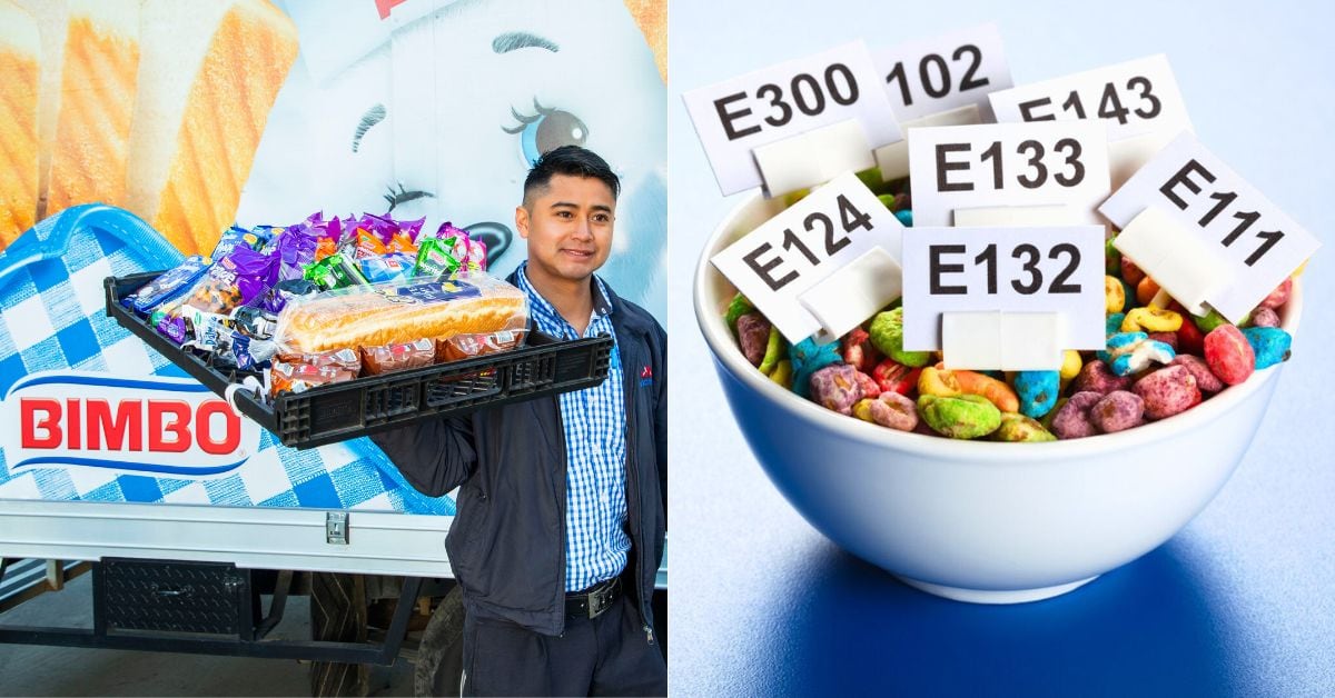En la imagen una persona con productos Bimbo y a la derecha un tazón con comida con colorantes artificiales